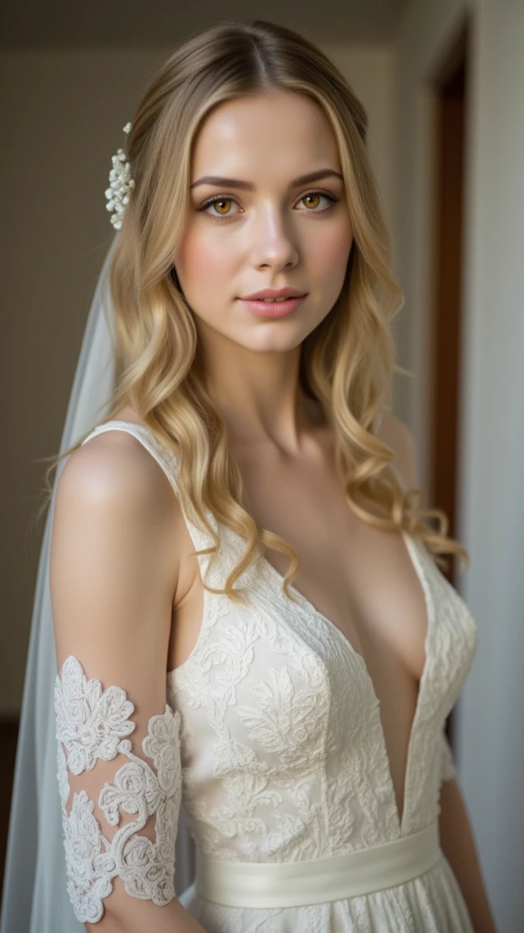 8k portrait of beautiful girl, elegant, highly detailed, majestic, digital photography, ultra-realistic, finely detailed beautiful eyes, masterpiece, flowing wavy hair, whole body, good face proportions, white wedding dress, (lesbian wedding, candid photo during ceremony, with partner)