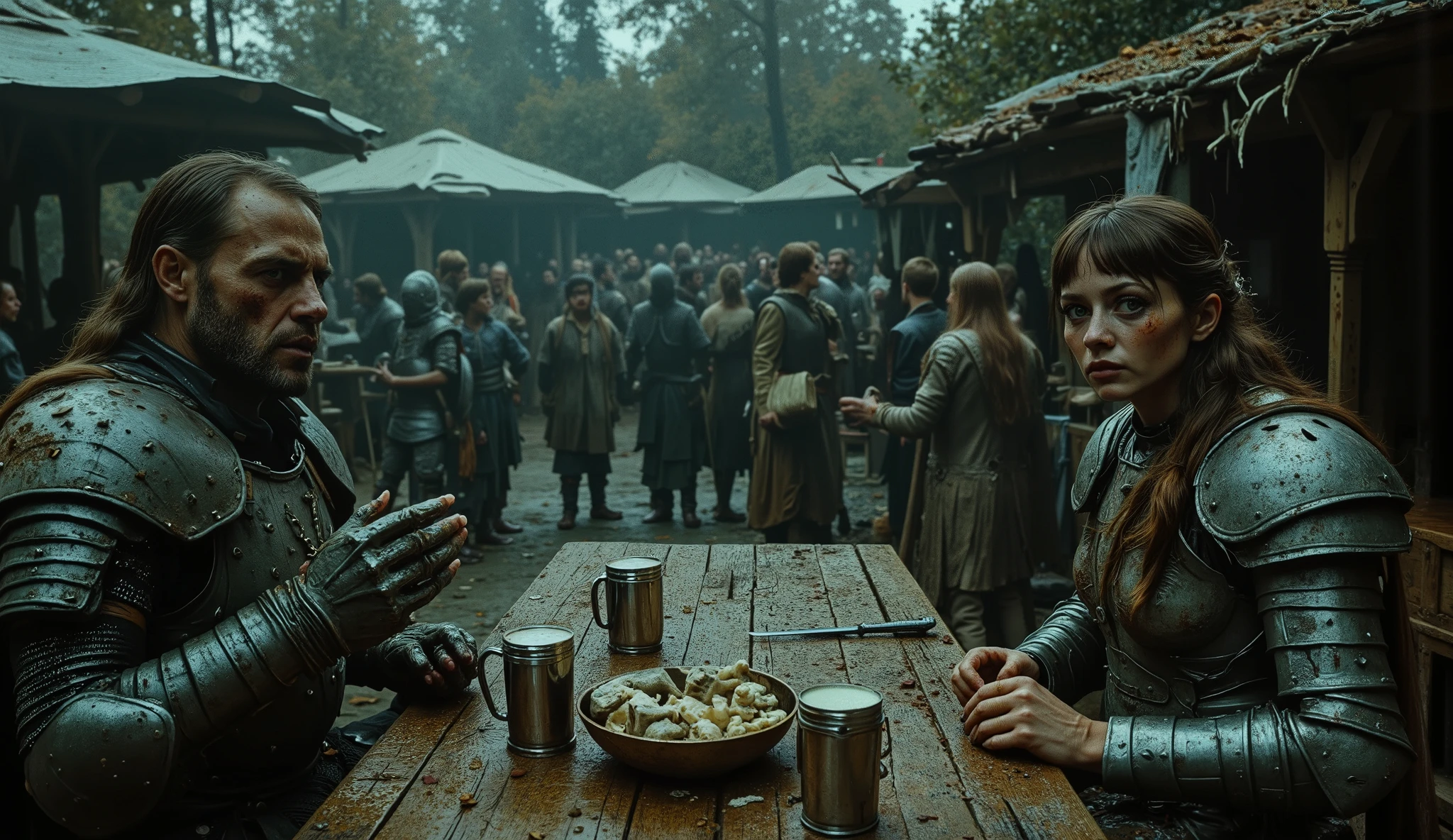 2 people sitting at a table in a crowded, rowdy medieval beergarden: Person 1: A haggard, Caucasian male knight in dented, blood-streaked platemail armor sitting at a scarred picnic table in a crowded, rowdy medieval beergarden, shaven brown hair crewcut matted with grime and highlights dulled by ash, pale white face skin streaked with dirt, sunken brown eyes haunted and depressed, a sheathed sword weapon and shield propped against the table, clutching a dented pewter tankard of beer in a gauntleted hand caked with dried mud, a tattered satchel spilling bones and trinkets at his side, the air thick with the stench of decay and despair. Person 2: A haggard, matronly Caucasian woman paladin in dented, blood-streaked platemail armor sitting at a scarred picnic table in a crowded, rowdy medieval beergarden, long brown hair matted with grime and streaked with ash, pale white face skin streaked with dirt and old scars, sunken brown eyes glaring with indignant fury, a sheathed sword weapon propped against the table, clutching a dented pewter tankard of beer in a gauntleted hand caked with dried blood, oversized cracked lenses perched atop her head, a tattered satchel spilling bones and trinkets at her side, the air thick with the stench of decay and despair. inspired by Noriyoshi Ohrai and Shusei Nagaoka and Robert McGinnis and frank franzzeta and sakimichan and Luis Royo, Eldritch germanic megastructure in the background, RAW, horror