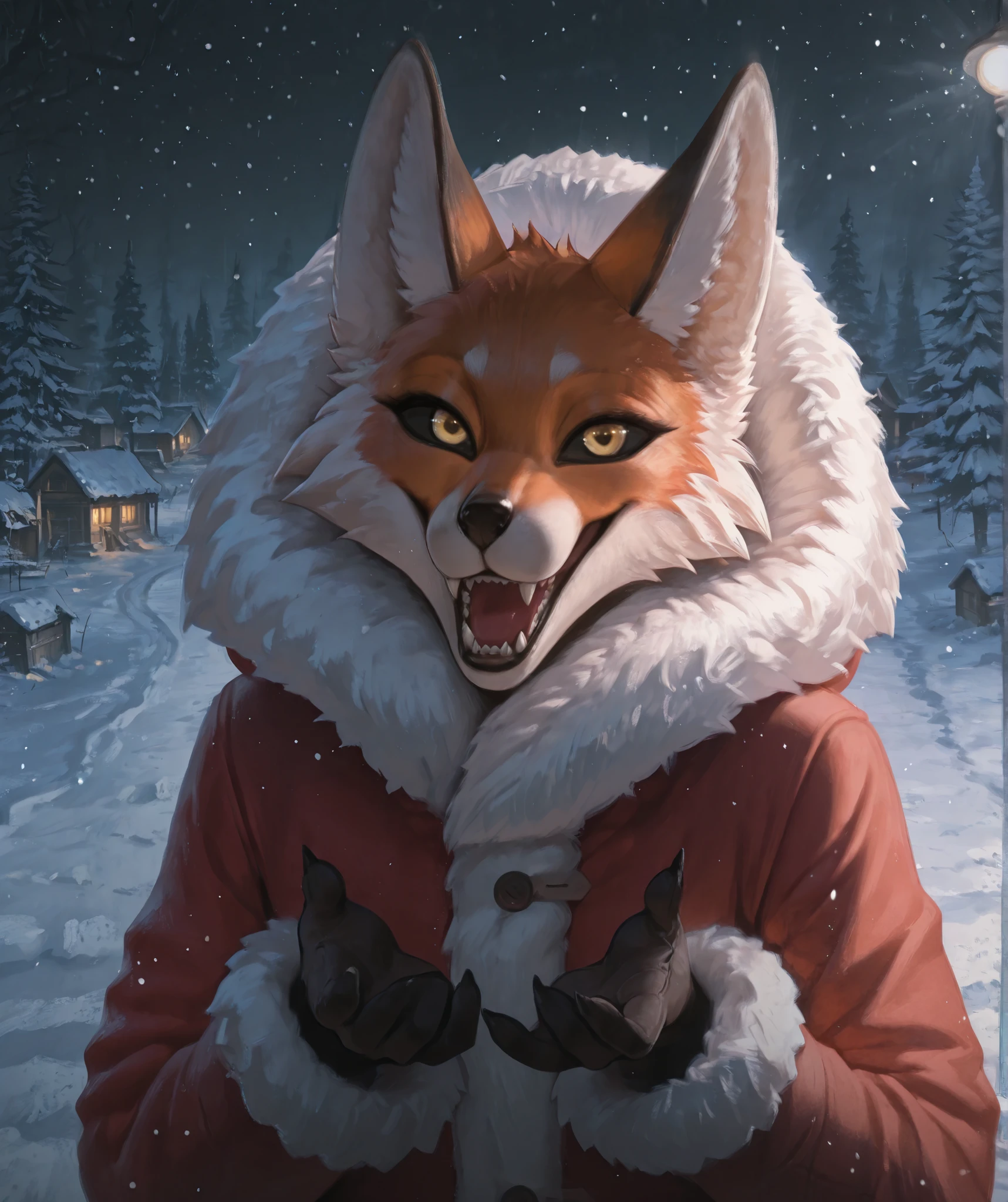 eastnik_anime, detailed background, Night, darkness, snow forest, Christmas trees, Village, Dark Road, backlight pole, lighting, fluffy персонаж, anthropomorphic fox, orange fur, Alice_The_Vixen, One, looks at the viewer, open mouth, 1 boy, glove belt, animal ears, Upper body, yellow eyes, male focus , teeth, language, hood, language out, grey background, coat, fur trim , fox ears, fangs, sharp teeth, fluffy, hood up, stained sclera, It's snowing, fluffy male, black sclera , body fur, white fur , fur-trimmed coat, sleeves with fur trim, red coat, yellow sclera,