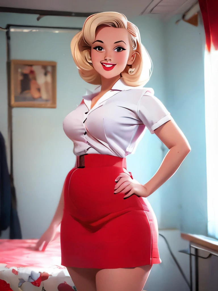 a woman in a red skirt and white shirt posing for a picture, dressed like in the 1940s, 5 0 s style, 50s style, 1950s vibes, 1 9 5 0 s style, retro 5 0 s style, pinup style, retro pinup model, wearing a blouse, gil elvgren style, pinup