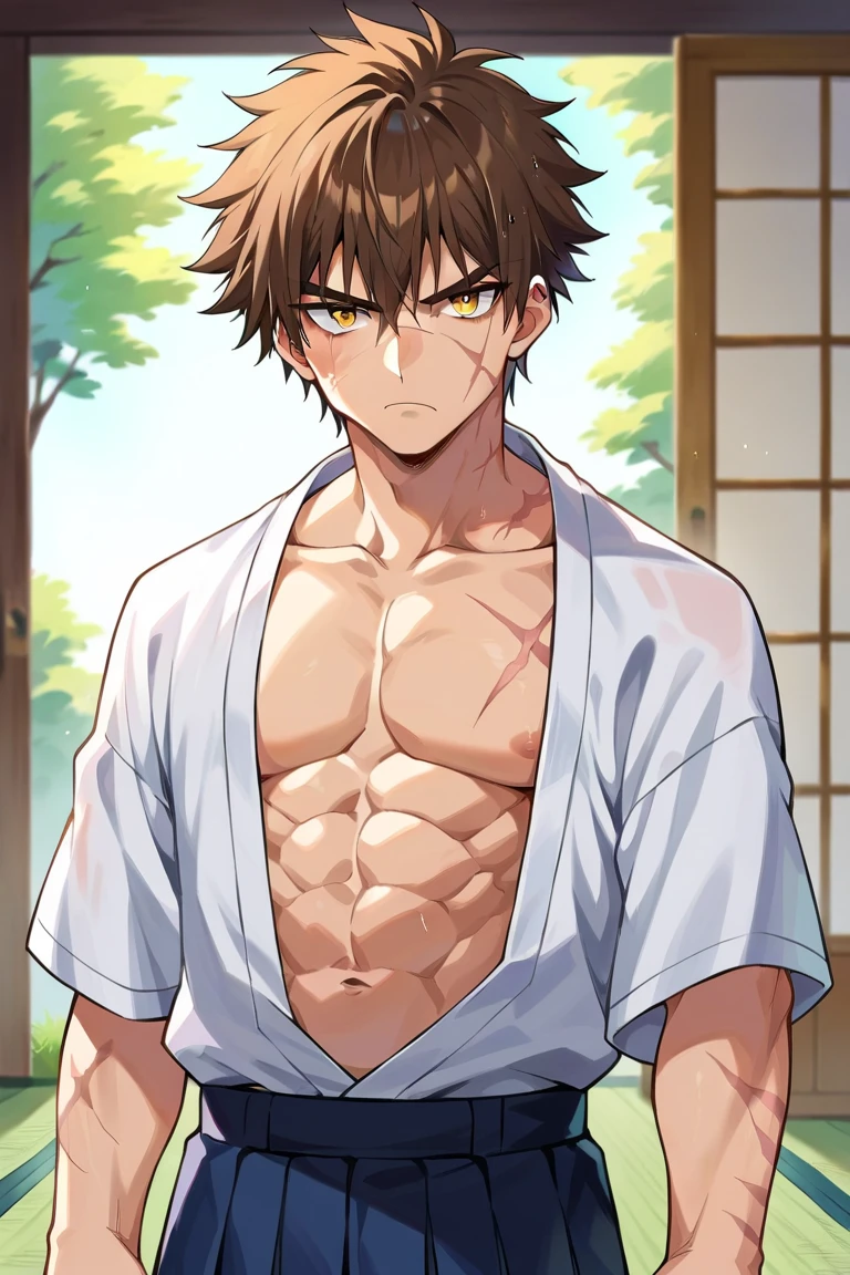 1boy、 Japanese、Cute face、relax、Upper body naked、slim、Very tanned skin、Crew cut、Developed abdominal muscles、Big nipples、muscle shadow、bath、Steam、Composition looking up from below、