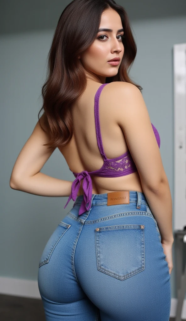 Beautiful 16 years old girl, cute, nice, awesome, sunny day, summer colors, summer, nice sky, brunette hair, Perfect face, perfect , perfect peach shaped ass, cute, hot, wearing a fancy cyan baggy jeans, wearing fancy purple patterned bra, girl staying in a super sexy pose, shes smileys, sexy, highlited eyelashes, red lips, make-up