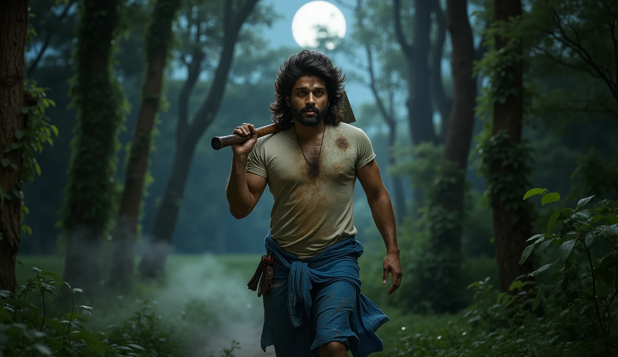 "A rugged man with thick, wavy hair and a beard, resembling Allu Arjun as Pushpa Raj, walking confidently through a dense jungle at night, holding an axe over his shoulder. He is wearing a blue lungi and a dirty t-shirt, with sweat and dirt on his face. The moonlight filters through the tall trees, casting dramatic shadows on the forest floor. Mist lingers in the air, creating a mysterious and intense atmosphere. His expression is fierce and determined, embodying the raw power and charisma of a smuggler in the wild."