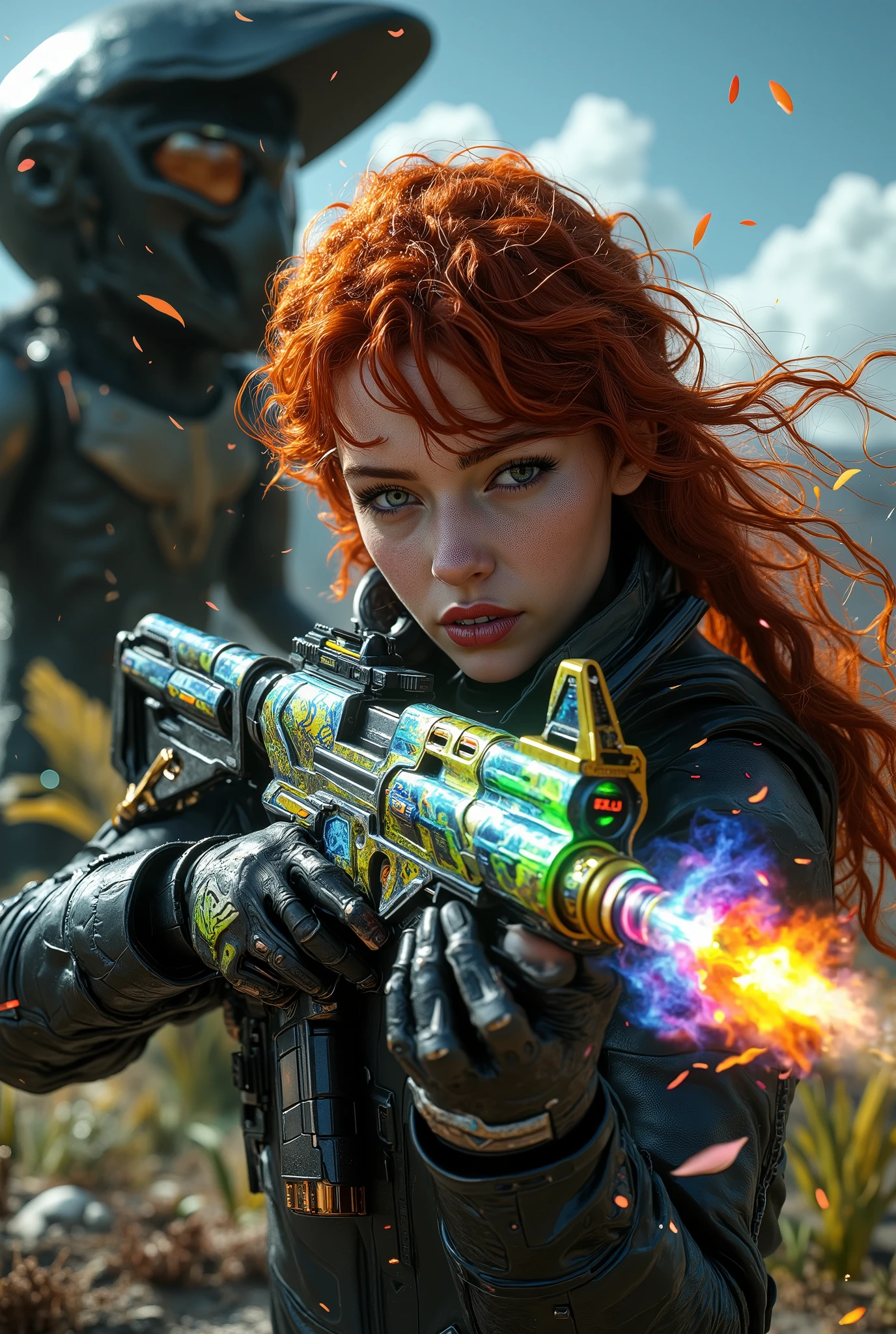  [Style: "masterpiece, realistic (Photorealistic realism), Hyper high resolution, (ultra quality, intricately detailed digital art), focus on extremely Realistic Proportion Body"] (Key Directive: "Prioritize anatomical accuracy and material textures") {Character: "20-year-old white female" | Face: "symmetrical, pale skin, full lips, red lipstick: 1.15" | Eyes: "((sharp focus, no blurry eyes, Hyper absurd quality, Hyper detailed iris stroma ((dark) with stars from the milky way galaxy) ,Hyper realistic eyes:1.3))" - "((extra narrow eyebrows))" - "(Carefully draw Long blue_mascara:1.2)" - "(perfect round eyes)" | Makeup: "detailed lips:1.3, (apply glossy red_lipstick:1.3)" | Hair: "waist-length red curly (setting light reflections: 0.5)" | POV: "((first person view))" | "((first person shooting position))" - "hold a Custom Railgun in hends" Weapon: "Custom Railgun (StatTrak™ module)" | Railgun side Engraving : "Japanese dragon (green/blue paint:1.4)" | Display: "((side-mounted counter (red LED '589')))" | Attachments: - "Underbarrel flamethrower "(aim through the scope at running targets ((the human-like very large angry black animal))) (shoot with continuous fire)"- "active, orange/blue flames:0.3, white/yellow flash:0.3" - (hot, smoking") - "Green laser sight (beam visible in airborne dust)" Environment: "unknown planet in an alien galaxy (unknown species of vegetation, animals), day" | Lighting: "(Cinematic clarity and global illumination)" - "aim at the target and shoot'' - ''Muzzle flash from rifle (temporarily illuminates face)" "((background – clear and sharp human-like large black alien, ((chaos and terror")))) (Rendering engine: "Unreal Engine 5 path tracing, 16K texture maps") } 