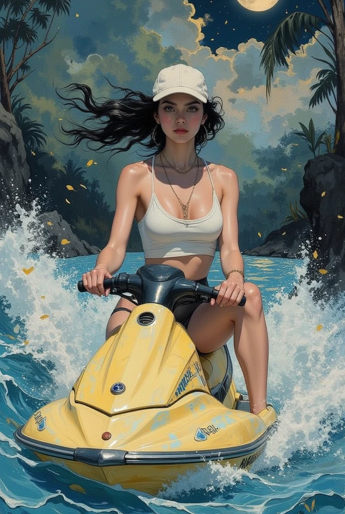 film photo ChristyMackQuiron woman, mohawk hair, black hair, realista, a woman Shot putwearing shorts and an open vest, tight shorts, hard nipples, naked breasts, unzipped vest, (((jetski, riding a jetski))), de buen tono, 35mm photography, movie, bokeh, profesional, 4k, muy detallado, Costa rica, in the ocean, close up, closeup, de cerca, nsfw
