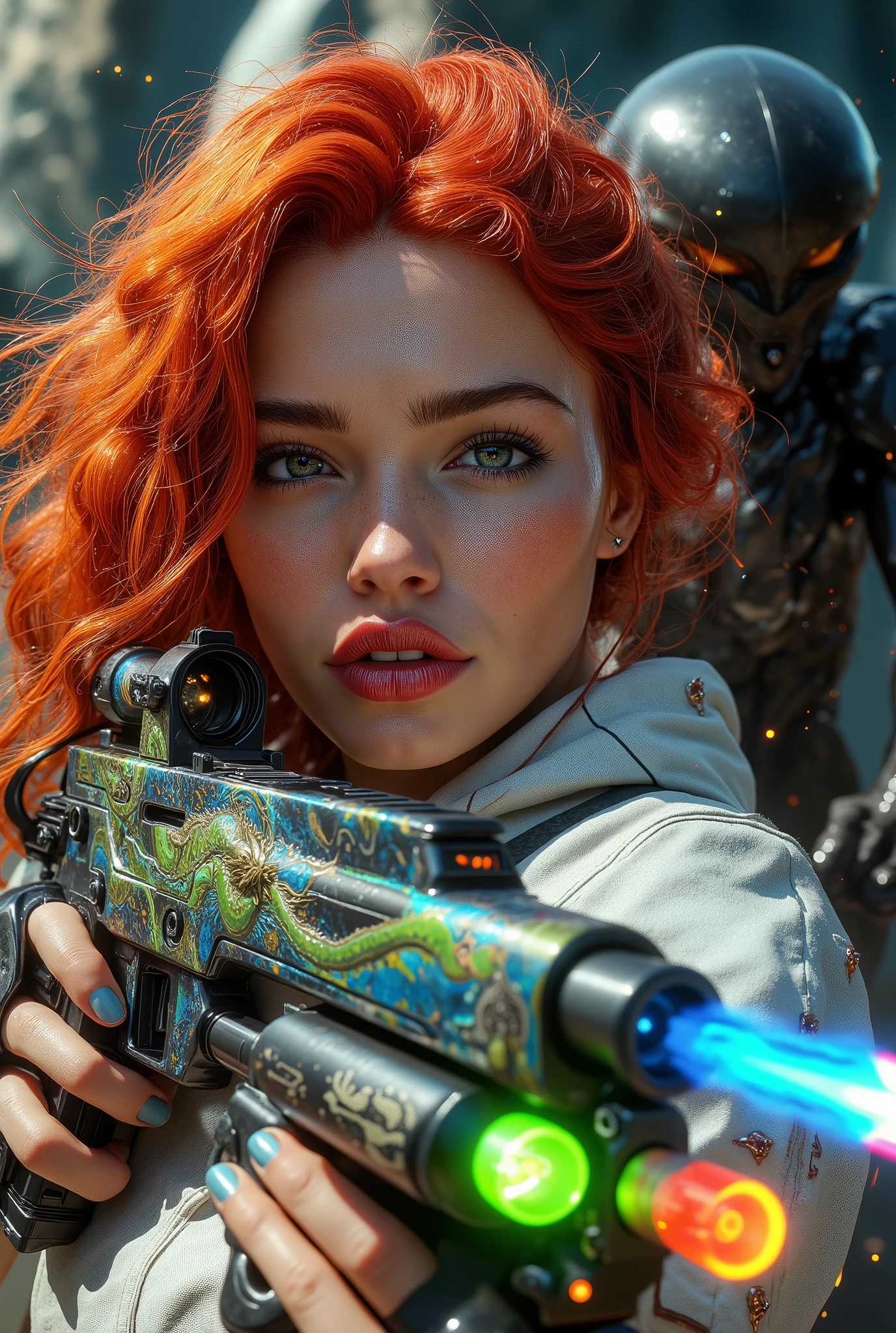  [Style: "masterpiece, realistic (Photorealistic realism), Hyper high resolution, (ultra quality, intricately detailed digital art), focus on extremely Realistic Proportion Body"] (Key Directive: "Prioritize anatomical accuracy and material textures") {Character: "20-year-old white female" | Face: "symmetrical, pale skin, full lips, red lipstick: 1.15" | Eyes: "((sharp focus, no blurry eyes, Hyper absurd quality, Hyper detailed iris stroma ((dark) with stars from the milky way galaxy) ,Hyper realistic eyes:1.3))" - "((extra narrow eyebrows))" - "(Carefully draw Long blue_mascara:1.2)" - "(perfect round eyes)" | Makeup: "detailed lips:1.3, (apply glossy red_lipstick:1.3)" | Hair: "waist-length red curly (setting light reflections: 0.5)" | POV: "((first person view))" | "((first person shooting position))" - "hold a Custom Railgun in hends" Weapon: "Custom Railgun (StatTrak™ module)" | Railgun side Engraving : "Japanese dragon (green/blue paint:1.4)" | Display: "((side-mounted counter (red LED '589')))" | Attachments: - "Underbarrel flamethrower "(aim through the scope at running targets ((the human-like very large angry black animal))) (shoot with continuous fire)"- "active, orange/blue flames:0.3, white/yellow flash:0.3" - (hot, smoking") - "Green laser sight (beam visible in airborne dust)" Environment: "unknown planet in an alien galaxy (unknown species of vegetation, animals), day" | Lighting: "(Cinematic clarity and global illumination)" - "aim at the target and shoot'' - ''Muzzle flash from rifle (temporarily illuminates face)" "((background – clear and sharp human-like large black alien, ((chaos and terror")))) (Rendering engine: "Unreal Engine 5 path tracing, 16K texture maps") } 