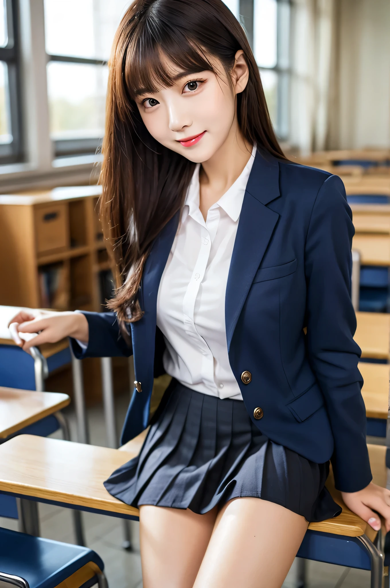 (full body)、((Best Quality)), ((masterpiece)), (Becoming closer), perfect face, , realistic, photo realistic, very detailed face、 2 Beautiful Women 、 Embarrassed Expression、Small eyes、Black eyes、 big mouth、 intelligent、ponytail、( stares at the viewer) , full bodyショット , Stand up、semen 、wet skin、 camel toe、 Gap between thighs、Intimate girls line up in the school classroom,Navy Blue Blazer、navy blue pleated skirt、 white long sleeve shirt, Thailand for school uniforms, 18 years old,bangs,smile slightly, thighs,Knee,from below, protruding, tempting, Provocative, Orderly、trained body