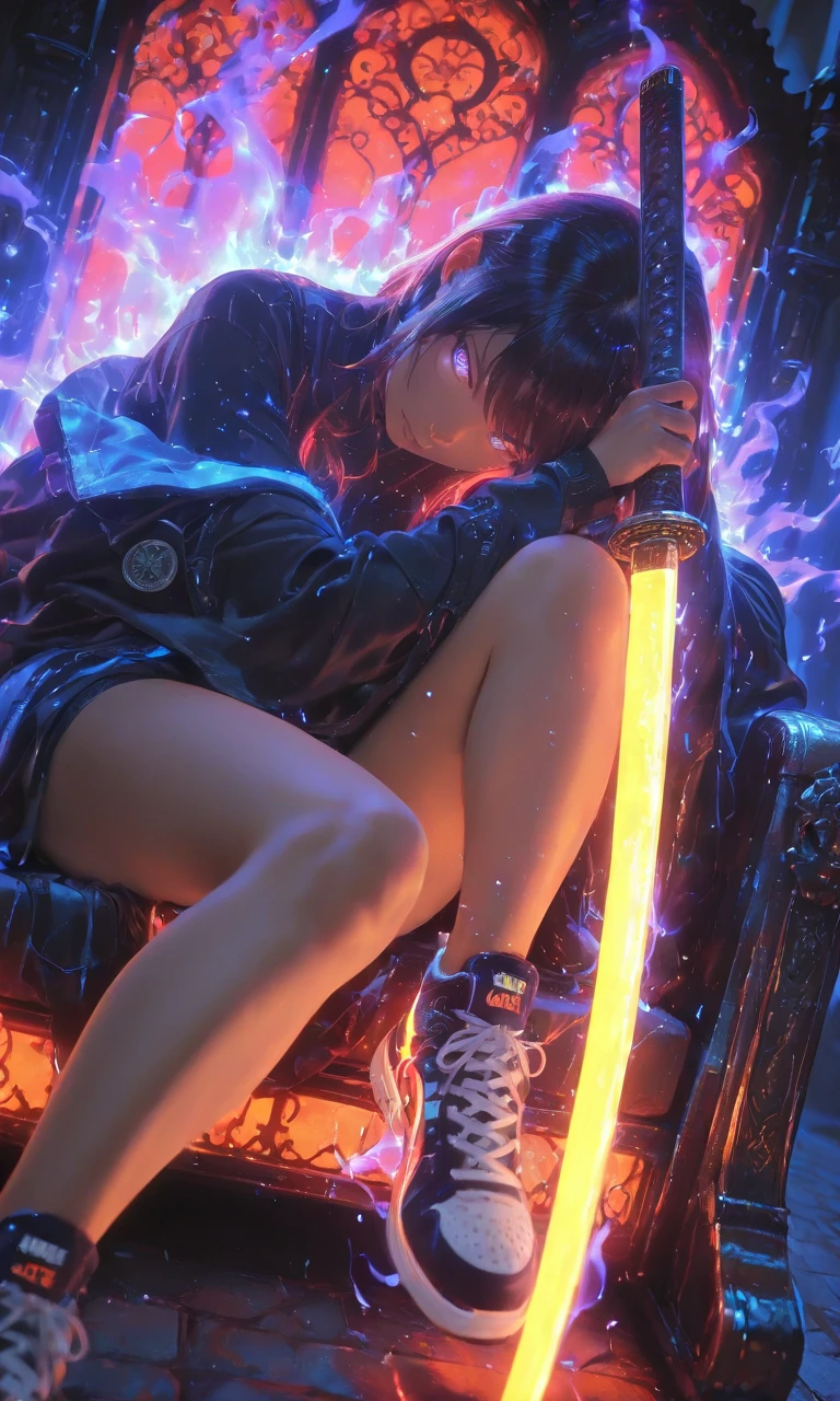 1girl, sitting on glowing throne, detailed face and eyes:1.5, dutch angle, above view, katana, fantasy world, cinematic lighting, dramatic shadows, volumetric fog, ornate throne, medieval architecture, digital painting, 8k, photorealistic, vivid colors, high contrast, dramatic composition, glowing aura, glowing katana,(stylish sneakers), streetewear, masterpiece,(perfect anatomy),