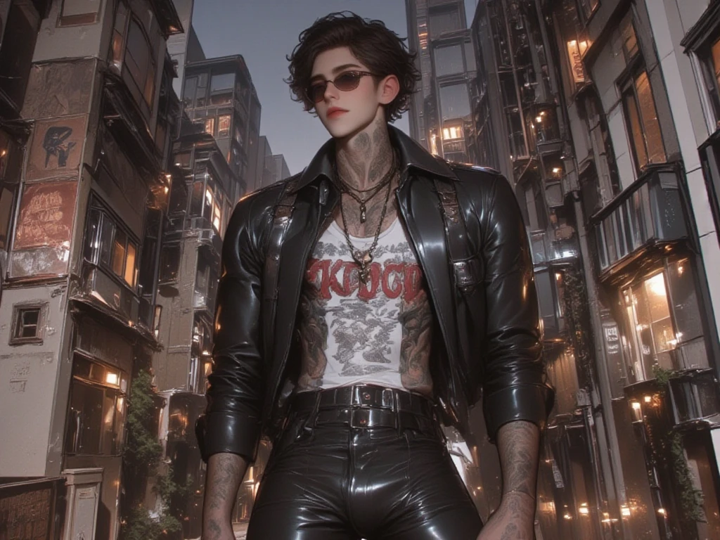 Michael jackson, sunglasses, black pants with rivets, 1 black belt, long coat, long t-shirt, rivets, holster, rivets, chains, just one body, front view, night, explosions behind, plays electric guitar.