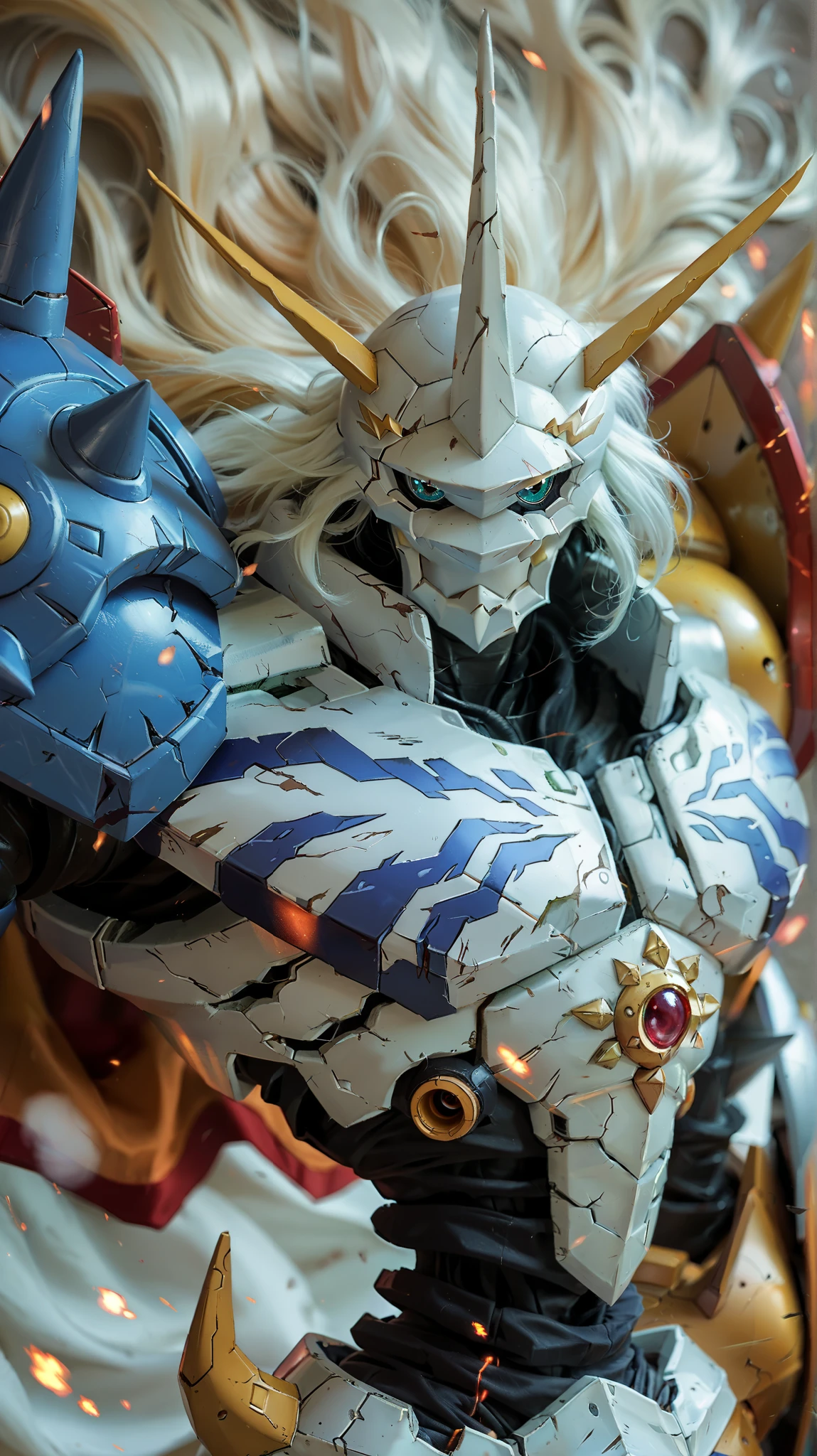 score_9, score_8_above, score_7_above, score_6_above, source_ hair, Alone, DOF, half-length portrait, white background, Omegamo, omnimon, digimon (creature), close above