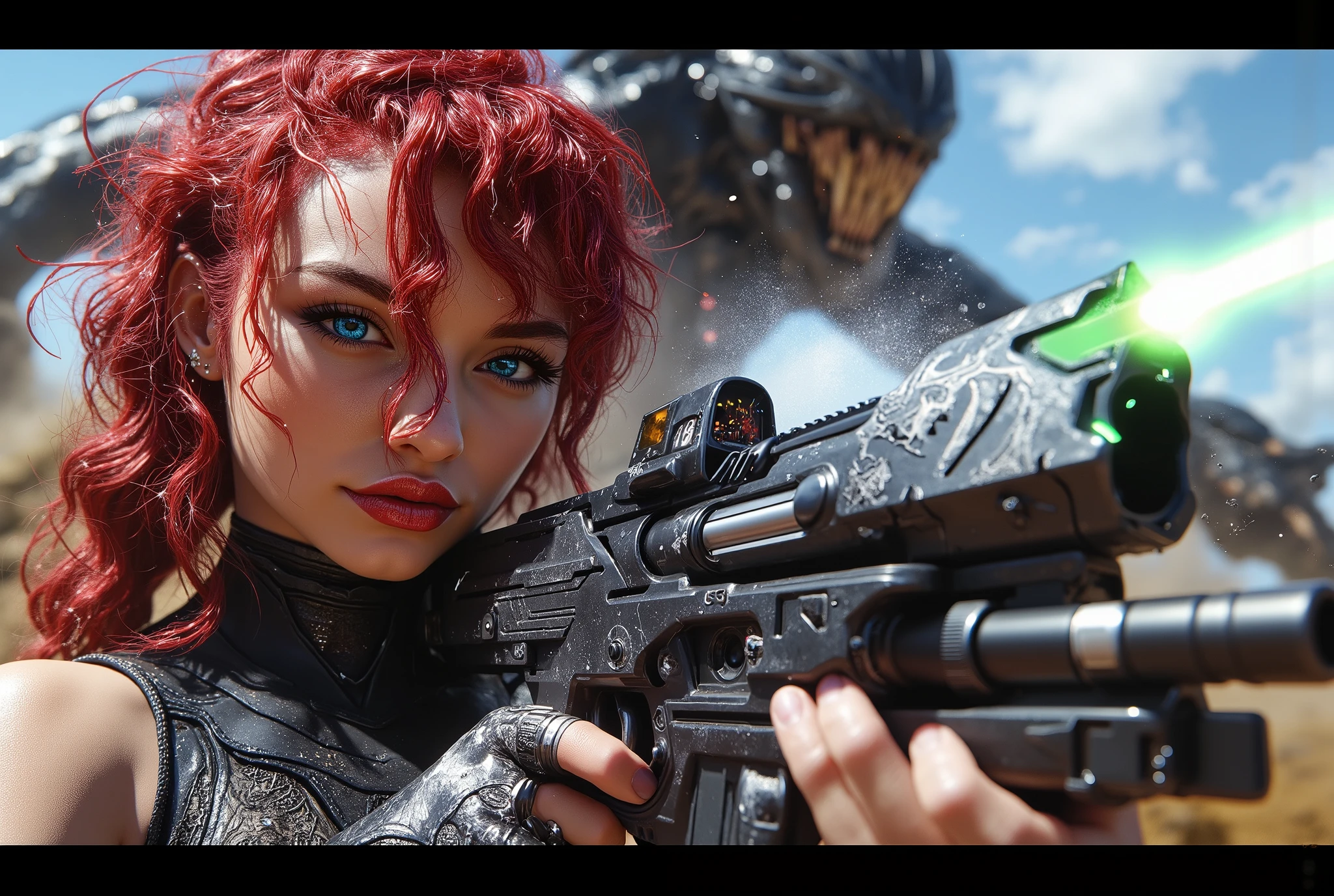  [Style: "masterpiece, realistic (Photorealistic realism), Hyper high resolution, (ultra quality, intricately detailed digital art), focus on extremely Realistic Proportion Body"] (Key Directive: "Prioritize anatomical accuracy and material textures") {Character: "20-year-old white female" | Face: "symmetrical, pale skin, full lips, red lipstick: 1.15" | Eyes: "((sharp focus, no blurry eyes, Hyper absurd quality, Hyper detailed iris stroma ((dark) with stars from the milky way galaxy) ,Hyper realistic eyes:1.3))" - "((extra narrow eyebrows))" - "(Carefully draw Long blue_mascara:1.2)" - "(perfect round eyes)" | Makeup: "detailed lips:1.3, (apply glossy red_lipstick:1.3)" | Hair: "waist-length red curly (setting light reflections: 0.5)" | POV: "((first person view))" | "((first person shooting position))" - "hold a Custom Railgun in hends" Weapon: "Custom Railgun (StatTrak™ module)" | Railgun side Engraving : "Japanese dragon (green/blue paint:1.4)" | Display: "((side-mounted counter (red LED '589')))" | Attachments: - "Underbarrel flamethrower "(aim through the scope at running targets ((the human-like very large angry black monster))) (shoot with continuous fire)"- "active, orange/blue flames:0.3, white/yellow flash:0.3" - (hot, smoking") - "Green laser sight (beam visible in airborne dust)" Environment: "unknown planet in an alien galaxy (unknown species of vegetation, monsters), day" | Lighting: "(Cinematic clarity and global illumination)" - "aim at the target and shoot'' - ''Muzzle flash from rifle (temporarily illuminates face)" "((background – clear and sharp human-like large black alien, ((chaos and terror")))) (Rendering engine: "Unreal Engine 5 path tracing, 16K texture maps") } 