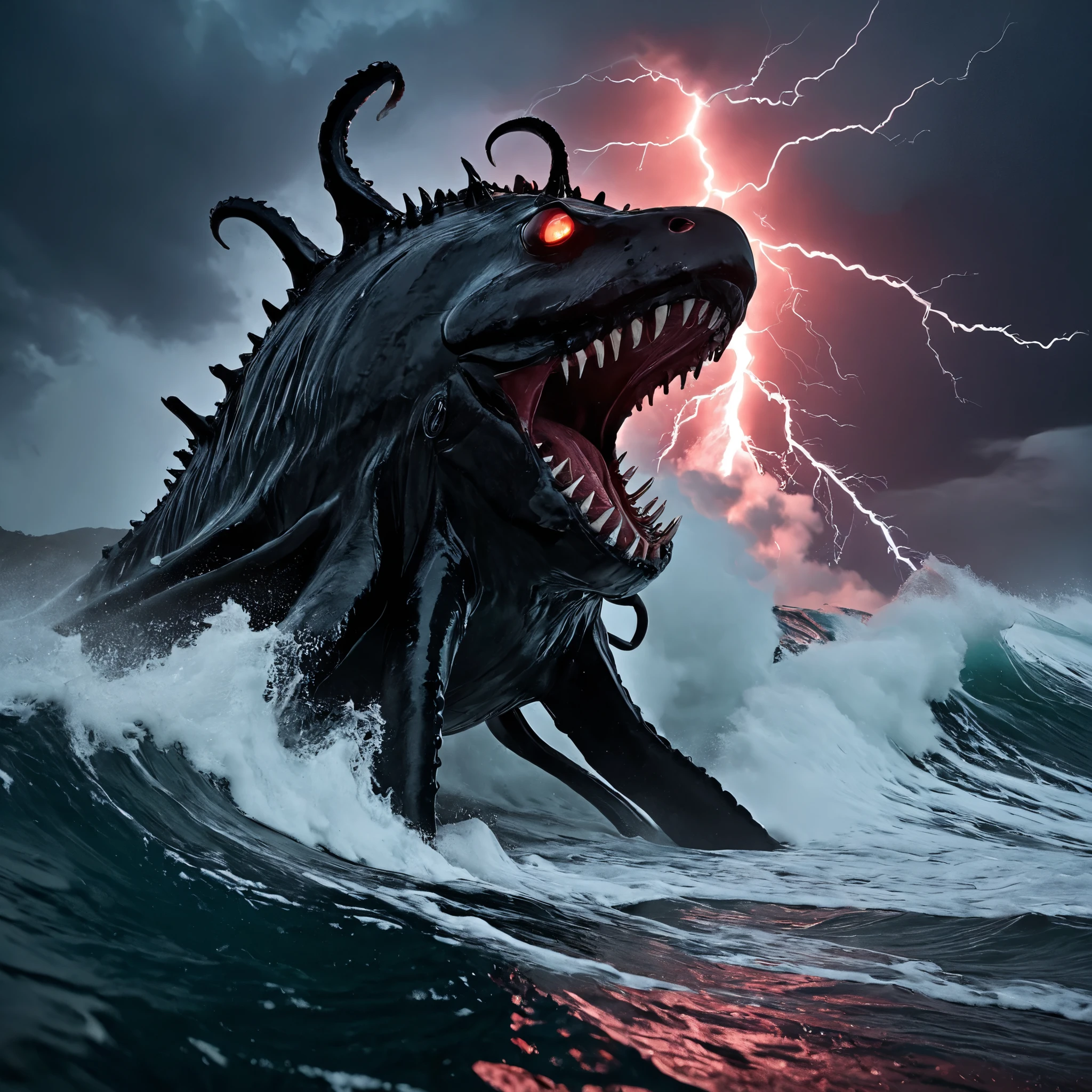 Captured with a Sony A7R IV full-frame mirrorless camera, using a 24-70mm f/2.8 G Master lens for extreme clarity. The scene shows a horrifying, ultra-realistic deep-sea creature emerging from the ocean at night. Its translucent, bioluminescent tentacles stretch toward the sky, while its abyssal eyes glow with an eerie red light. The shot is taken from a low angle, enhancing the creature’s terrifying dominance. The stormy waves crash violently under a dark sky filled with lightning, creating a cinematic and dramatic atmosphere. The image is ultra-detailed with a 10-bit color depth and HDR lighting, making every drop of water and each wrinkle in the creature’s skin shockingly realistic.