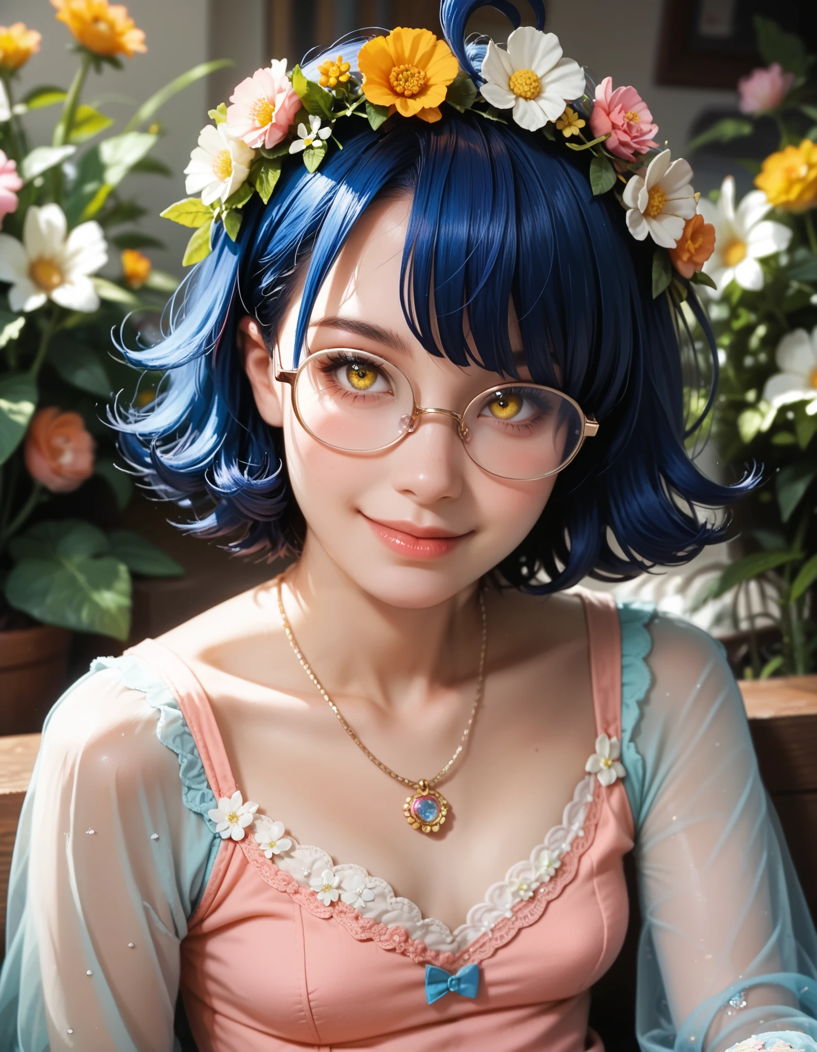score_9, score_8_up, score_7_up, score_6_up, 16k, high detailed picture, realistic style, masterpiece, very young girl, no panty, perfect absolutely small breasts, disheveled hair, full body shot, rounded face, catlike smile, snub nose, a long strand of bangs hangs between her right eye, hair over one eye, ariawm, mz, ahoge, short hair, blue hair, yellow eyes, glasses, very short tight puffy dress, chamomile field, a girl sitting in the center, a wreath of flowers on her head, fairykei, pastel colours