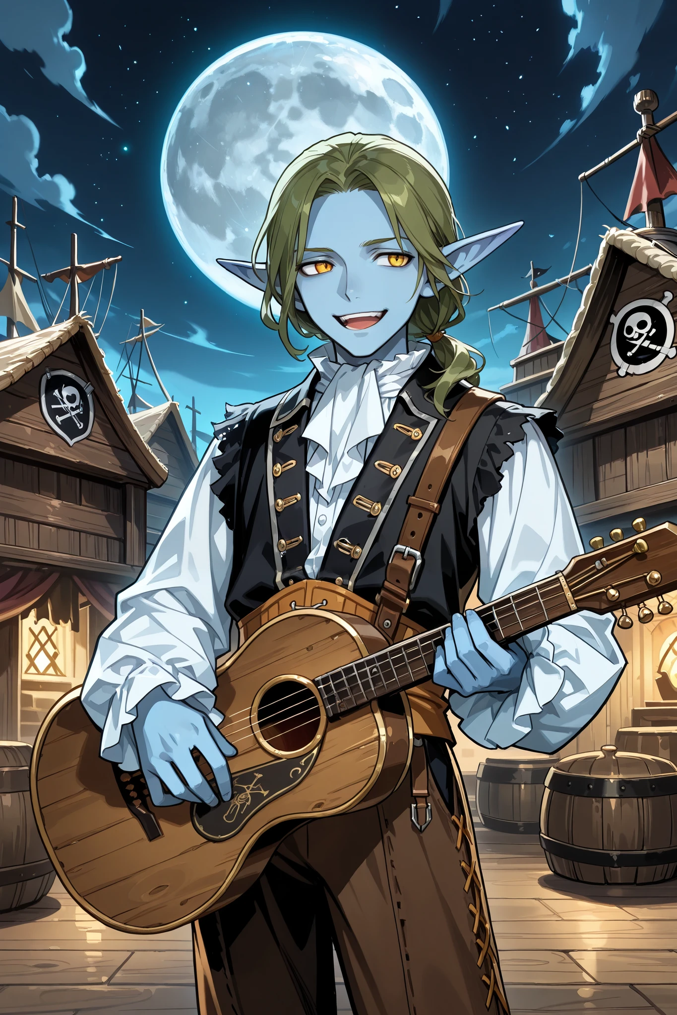 elf, solo, male, blue skin, pointed ears, green hair, (colonial era ruffle shirt, slavic style), black colonial trousers, charming, graceful, smiling, flirting, holding a Spanish guitar , ((performing in a village square near the coast)), night scene, colonial style buildings, full moon in sky, ((caviler era clothing, pirate era clothing)), dungeons and dragons, fantasy art, close up, npcp