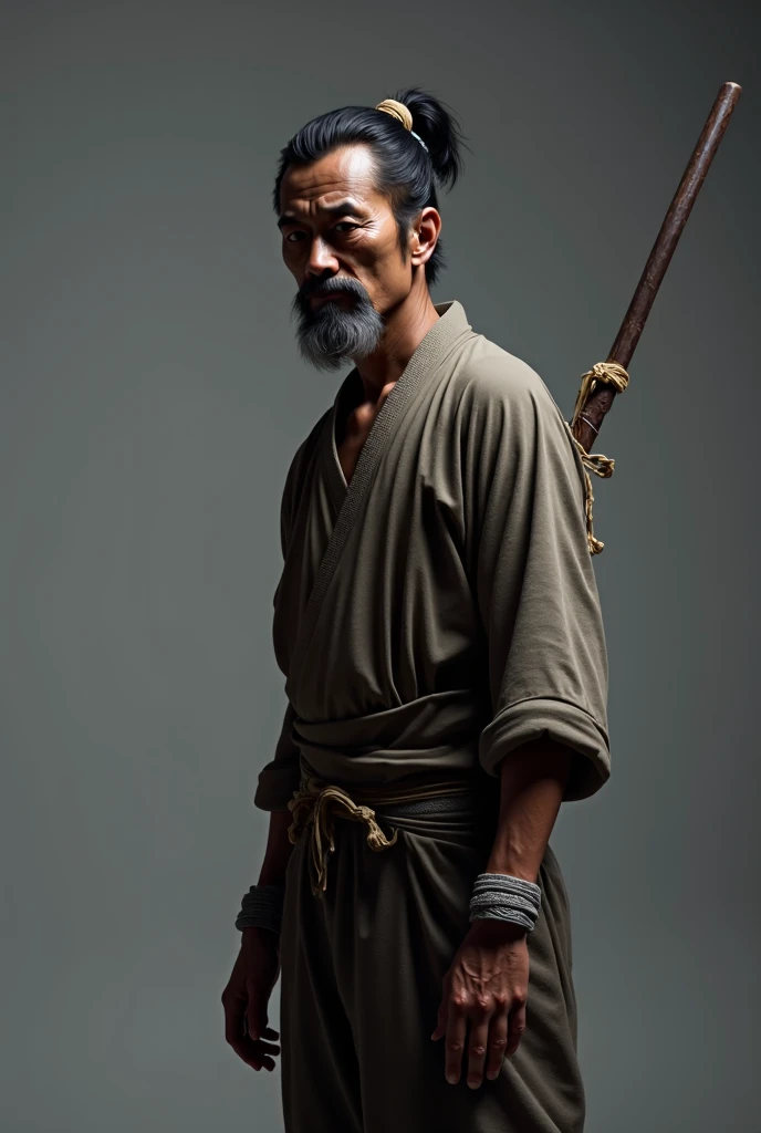historic, Old man in casual clothes, warrior,Wounded,Upper body naked, Japanese sword, Shaved Head, warrior, Grandpa，Seppuku suicide, One Eye,