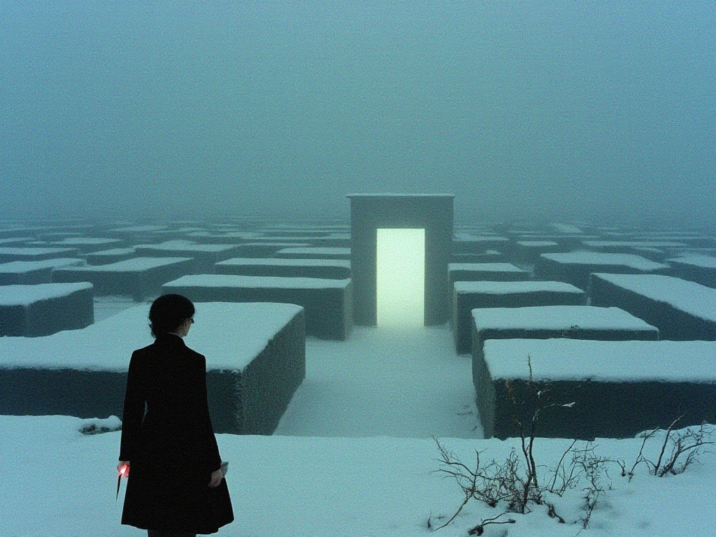 Mengli , winter, female model , A huge maze of snow , A glowing door, that can be seen and hidden in fog , mysterious shadows , glowing object , held by the model, distorted perspective, surreal silence