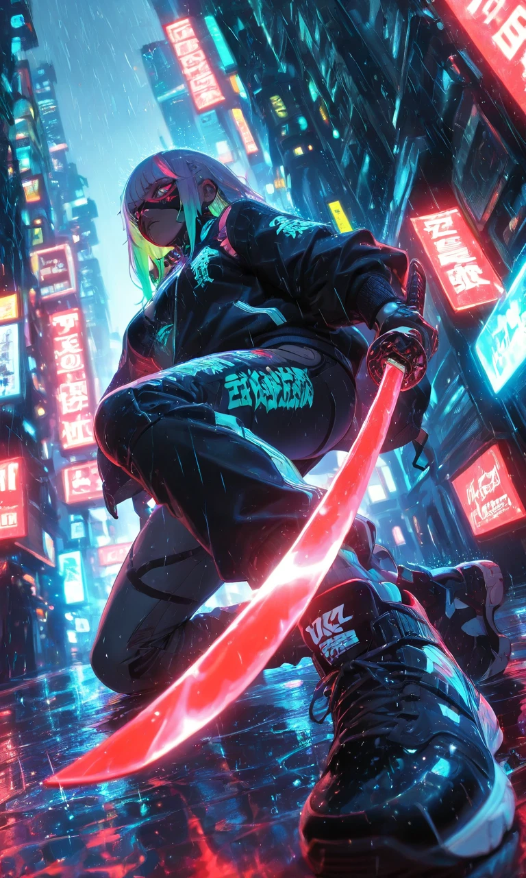 1 girl,cyberpunk,mask, full color hair,(streetwear:1.3), Yakuza jacket,katana,cyborg,(low view), dynamic angle,rain, looking at sky,hazy cityscape, Sharp focus, dynamic angle,HD,(detailed face and eyes),