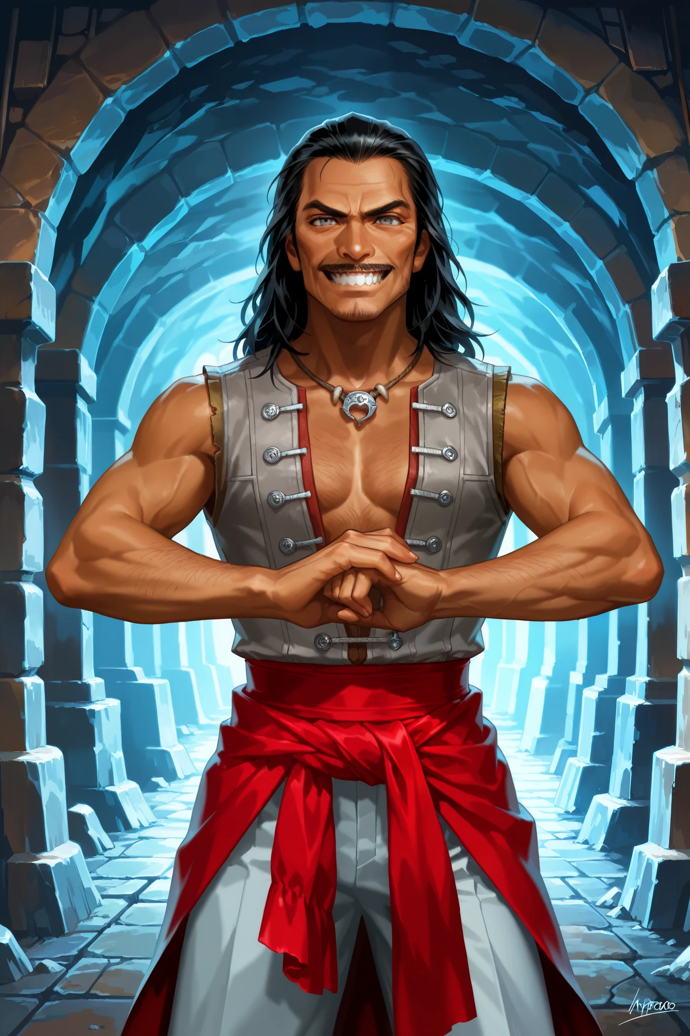 Human, male, dark skin, black mustache, middle aged, black hair, well toned body, grey eyes, bare chest, sharktooth necklace, wearing grey vest, red sash tied around waist, grey breeches, cracking knuckles, standing outside a cave entrance,(18th century clothes, pirate era clothing), wicked grin, fantasy art, dungeons and dragons, close up, npcp