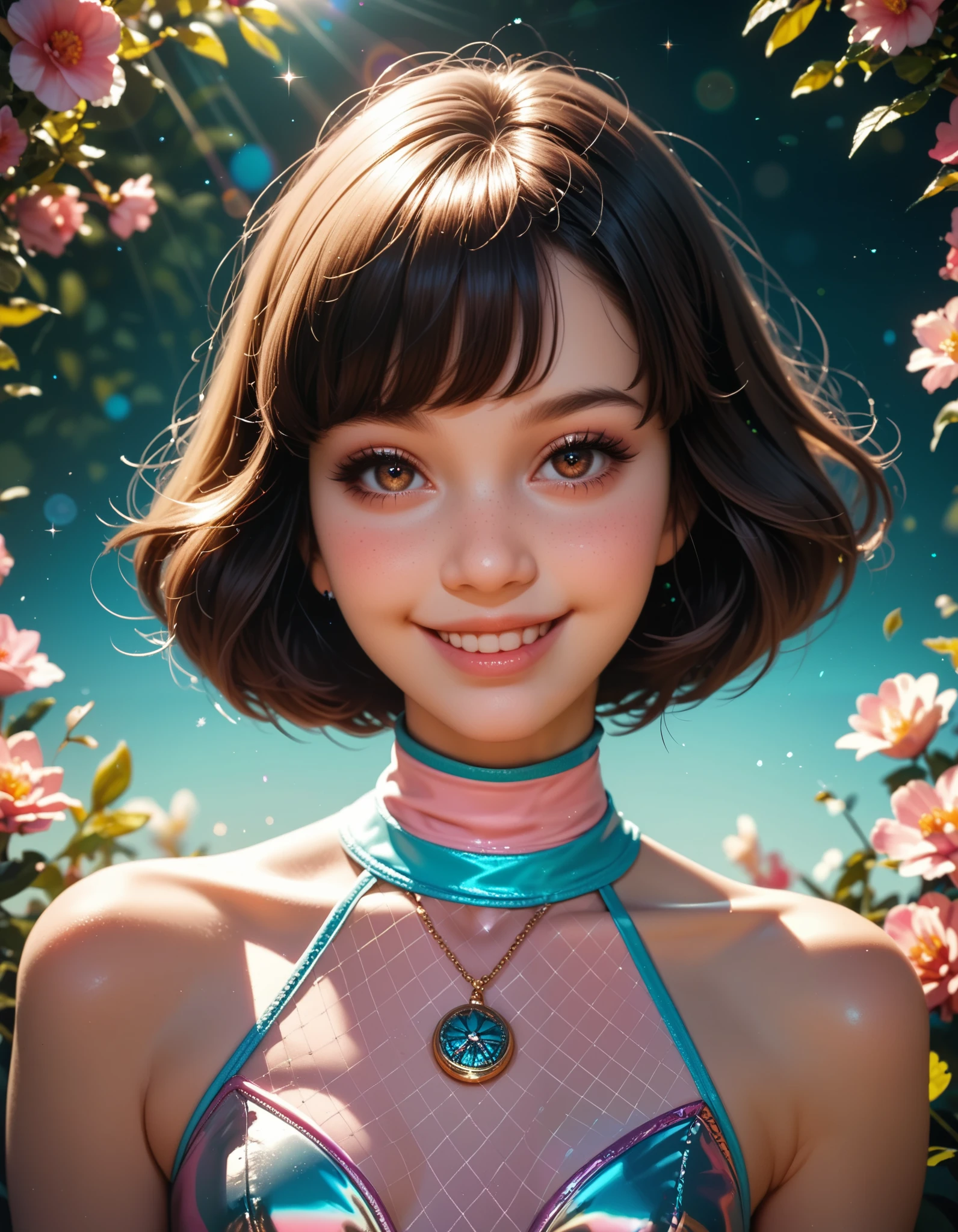 score_9, score_8_up, score_7_up, score_6_up, solo, shy smile, Standing at attention, dynamic pose, clear light skin, very Young girl, Beautiful Finger, Beautiful long legs, Beautiful body, perfect brown eyes, expressive eyes, looking at viewer, 8k wallpaper, perfect lighting, masterpiece, lens flare, vibrant color, (Beautiful small Breasts:1.2), (slender girl), rounded face, wear a sexy leotard turtle neck , alisa selezneva, Perfect hand, fairykei, pastel colours
