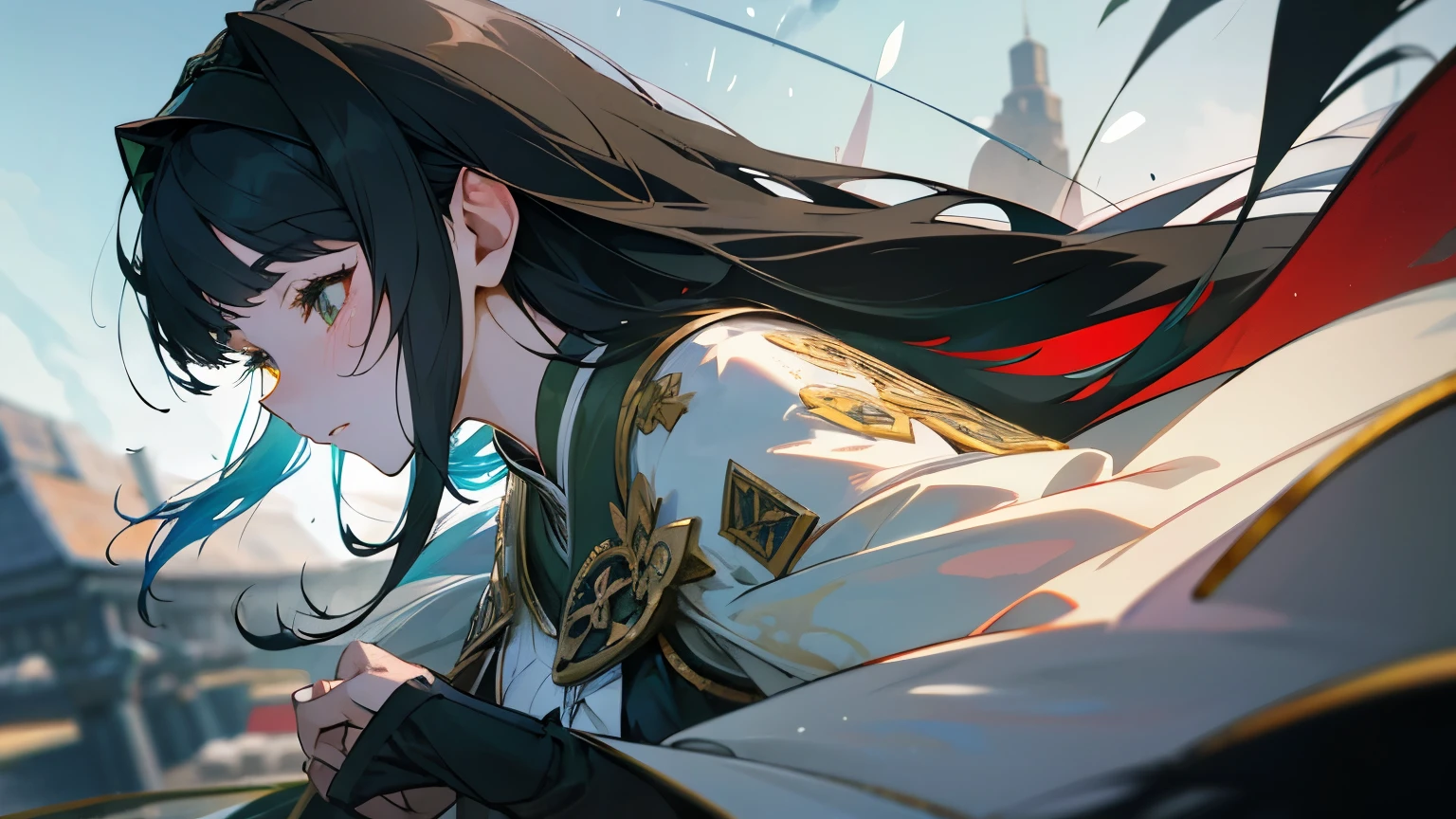 beautiful japanese anime lady, 26 years old, extreme close-up, eyes closed, heavily armed knight, celtic armor, very long black hair fluttering in the wind, high definition graphics with clear details, artistic rendering, relaxing colors, emphasis on fantasy celtic world, clear details, high detail, HDR, 8K resolution, cool colors, slight emphasis on fantasy world, peace of mind