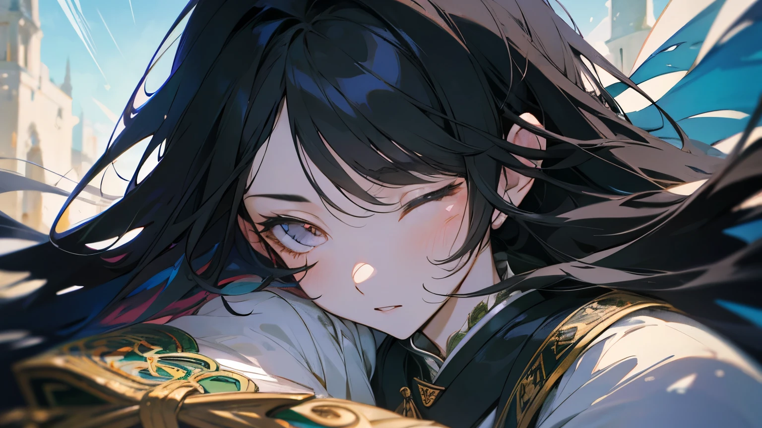 beautiful japanese anime lady, 26 years old, extreme close-up, eyes closed, heavily armed knight, celtic armor, very long black hair fluttering in the wind, high definition graphics with clear details, artistic rendering, relaxing colors, emphasis on fantasy celtic world, clear details, high detail, HDR, 8K resolution, cool colors, slight emphasis on fantasy world, peace of mind