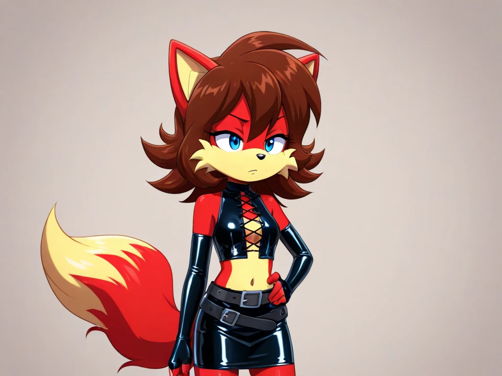 Maned wolf, furry female, yellow eyes, small breasts, thigh up, (black background), red mohawk, (black jacket), (white tank top), black belt, (dark red skirt:1.4), perfect face, perfect eyes, narrowed eyes, chin up, looking at viewer, solo, toothy grin, (hands behind back:1.3), perfect anatomy, (black collar), standing up straight, arms together, arms above head, stretching, lusty, chains