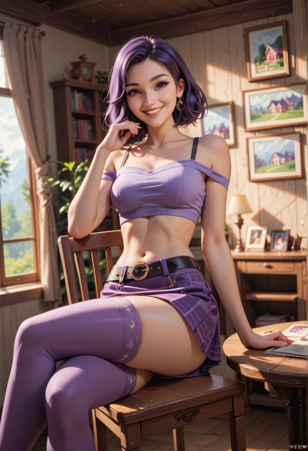 Beautiful girl, full body, sitting, ((Arale)),(top quality), ((wing hat,glasses)), (biggest blue eyes ever:1.4), long hair,purple hair, deep cleavage, sexy look, blue overall