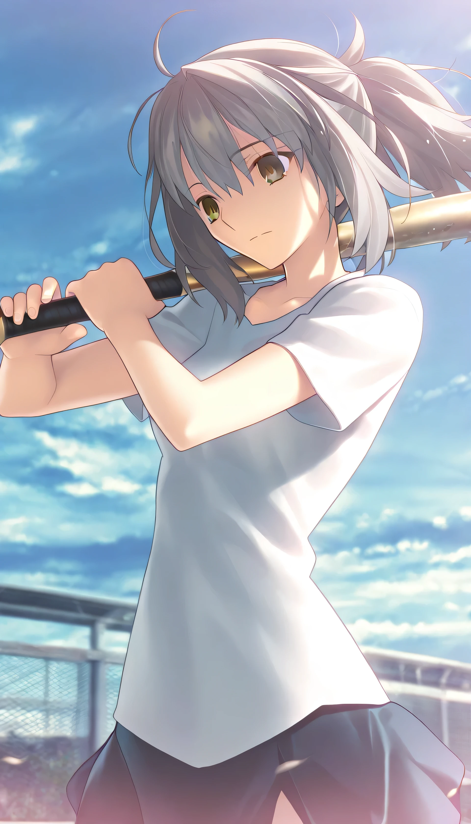 1girl, stelle, ponytail, holding baseball bat, beautiful eyes, fix eyes, masterpiece, best quality, 8k, absurdres, very aesthetic, takeuchi takashi