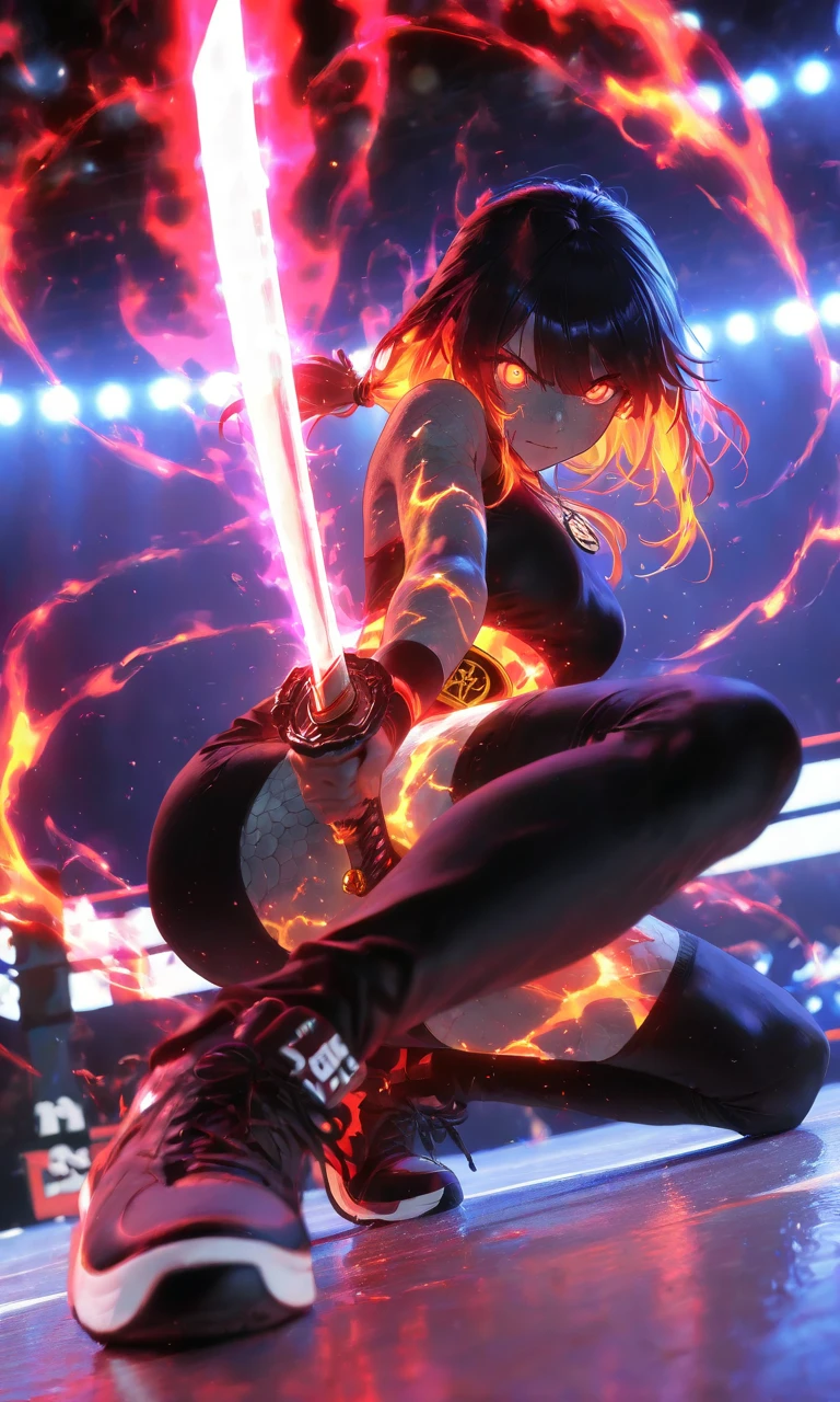 1 beautiful girl , sit back , pov wielding katana sword , background grafitti , intimidating red aura, dynamic,high resolution, looking at viewer, high resolution, masterpiece, Accurate, Anatomically correct, award winning , best quality, HD, high details, high quality, Super Detailed , textured skin, multicolored hair, 3d rendering, digital art, full body description , boxing, action move ,throw, Action Painting , low view, stylish sneaker , street clothes , dynamic angle,(low view), dynamic angle,(detailed face and eyes),