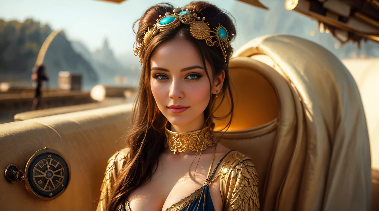 an awarded profesional photo of aryastartk-maisiewilliams with Pear - A body with wider hips and a smaller waist and bust. as Artemisia I of Caria: The Greek naval commander's attire is as awe-inspiring as her tactical acumen. Wearing a gleaming bronze cuirass adorned with intricate sea-themed motifs, Artemisia exudes authority and confidence. Her wavy chestnut hair is tied back in a loose bun, allowing a few strands to frame her face, which bears the proud scars of previous battles. Around her neck, she wears an amulet depicting a ship at full sail, a symbol of her prowess at sea. , Seated on a velvet chaise longue in a sunlit boudoir, she radiates sensuality and quiet confidenceultradetailed, intricated face,(face details:1.1),perfect eyes, ideal body posture,perfect body proportions, by jeremy mann, by sandra chevrier, by maciej kuciara,(masterpiece:1.2),(ultradetailed:1.1), ultrasharp, (perfect, body:1.1),(realistic:1.3),(real shadow:1.2),photo Fujifilm XT3, ,(perfect body proportions:1.1)<lyco:GoodHands-beta2:1>, intricated hands,(profesional lights:1.3) (profesional photography:1.3),in Celestial Haven: A celestial city floating among the clouds, accessible only by airships or magical portals. The buildings are made of shimmering crystal and silver., camera angle pov and cropped legs (character focus:1.1), depth of field, anatomically correct hand, perfect anatomy, ideal limbs, ideal arms, ideal hands, SkinHairDetail, AS-YoungV2
