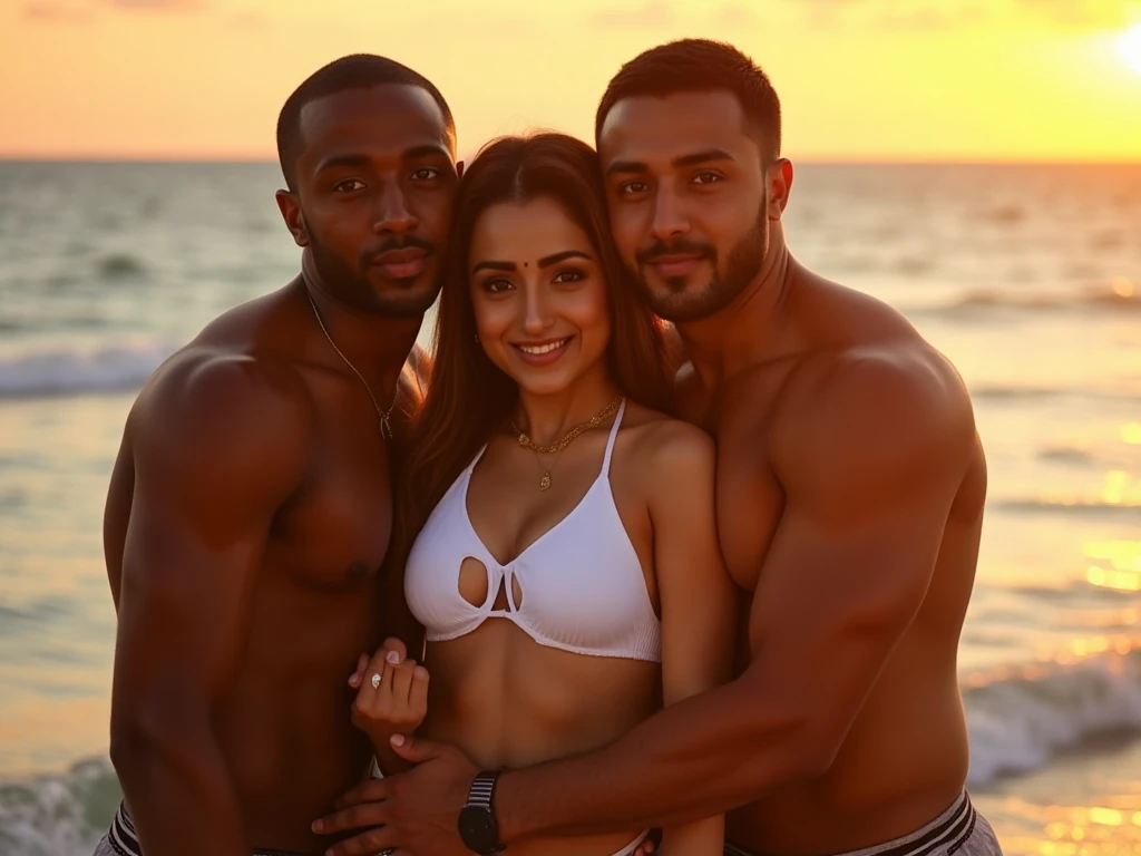 There is a strong, hairy, bearded, very hairy mixed-race man in red underwear posing for a photo standing next to his beautiful girlfriend in a white bikini on a rock at a viewpoint at the end of a paved road with a privileged view just below a large lagoon with brown waters and a white sand beach with many people..