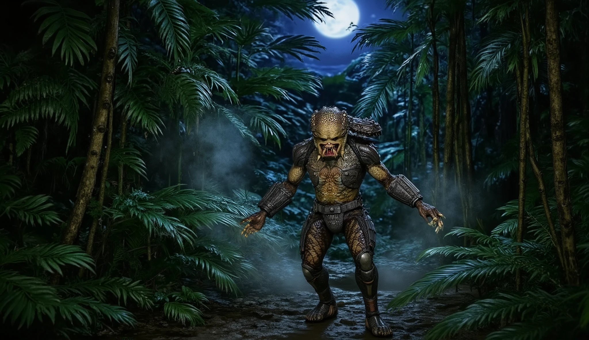"A terrifying predator stalking through a dense jungle at night. The scene is dark and mysterious, with moonlight filtering through the thick canopy, casting eerie shadows. The predator, a muscular and stealthy creature with glowing eyes and sharp claws, moves silently through the undergrowth. Its skin has a natural camouflage pattern, blending seamlessly with the environment. Mist swirls around the jungle floor, and the distant sounds of nocturnal creatures fill the air. The atmosphere is tense, as if the predator is moments away from striking its unsuspecting prey. The scene is illuminated by faint bioluminescent plants, adding an otherworldly glow to the surroundings."