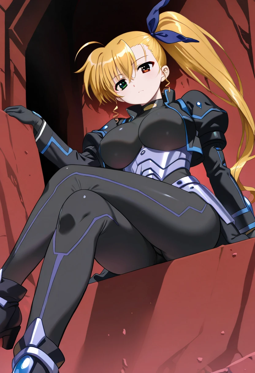 score_9, score_8_up, score_7_up, score_6_up, score_5_up, score_4_up, source_anime, anime screencap, anime coloring, kikoru, 1girl, blonde hair, twintails, green eyes, hair ribbon, black ribbon, bangs, bodysuit, armor, upper body, smile, room, bed, indoors, blush, grab breasts, holding breasts, cleavage, looking at viewer, undressing, navel, sitting
