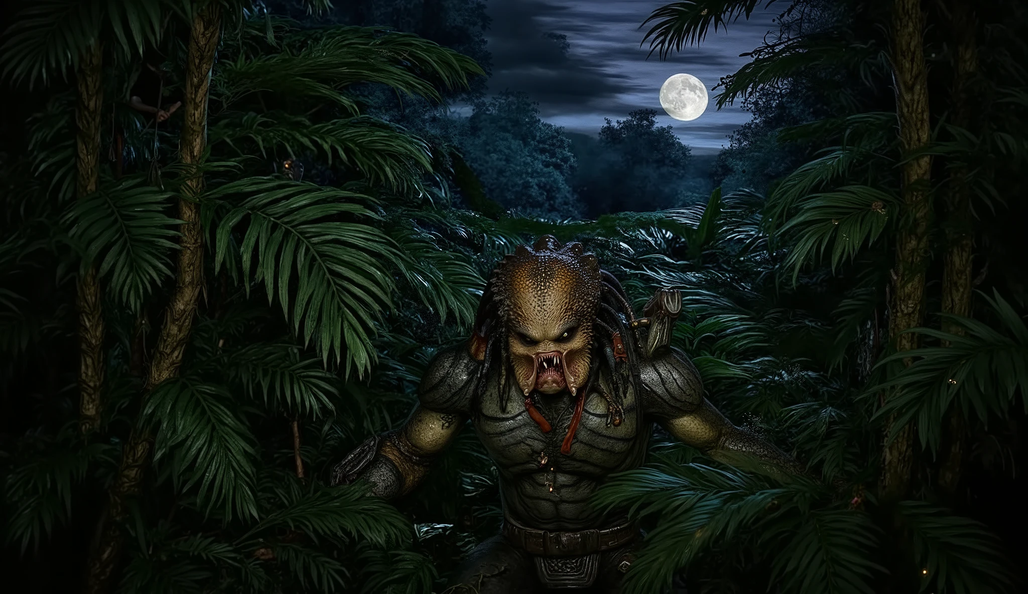 "A stealthy predator lurking in the shadows of a dense jungle at night. The environment is dark and mysterious, with moonlight barely piercing through the thick canopy, casting eerie patterns on the forest floor. The predator, a muscular and agile creature, is partially concealed behind thick foliage, its glowing eyes peering through the darkness. Its skin is textured with natural camouflage, blending seamlessly with the surroundings. The air is thick with mist, and the distant sounds of nocturnal creatures echo through the jungle. Bioluminescent plants and fireflies add faint, eerie glows, heightening the sense of danger as the predator waits in perfect silence, ready to strike."