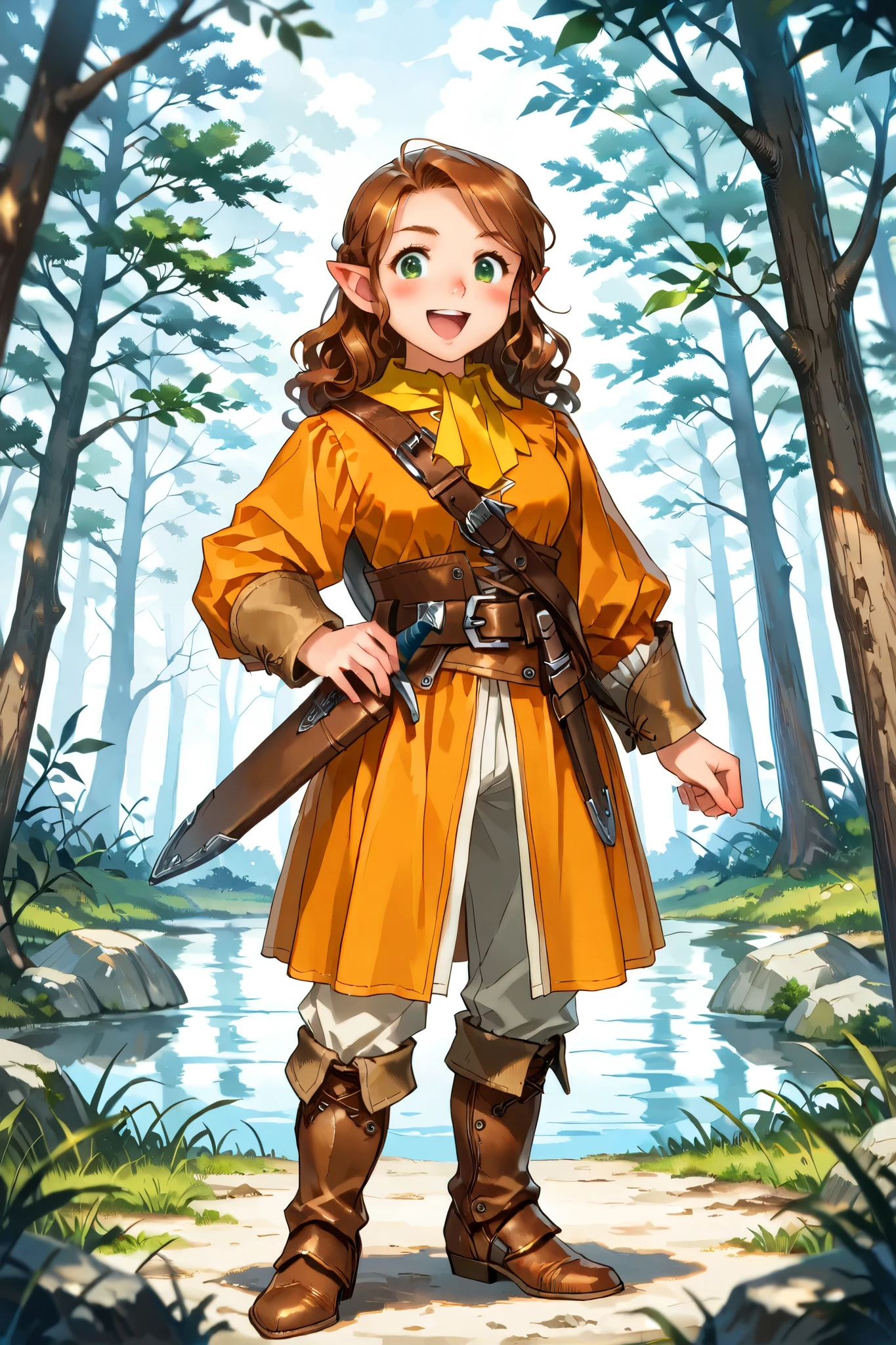 halfling,  female, white skin, short stature, curly brown hair, green eyes, rosy cheeks, wearing a orange caviler era doublet, leather greaves, grey breeches, leather belt with water skin and small sheath,  shortbow and quiver on back, ranger, standing atop a boulder overlooking a forest, sunny day, [[determined, confident, excited]], (18th century clothes, pirate era clothing), fantasy art, dungeons and dragons, close up, npcp