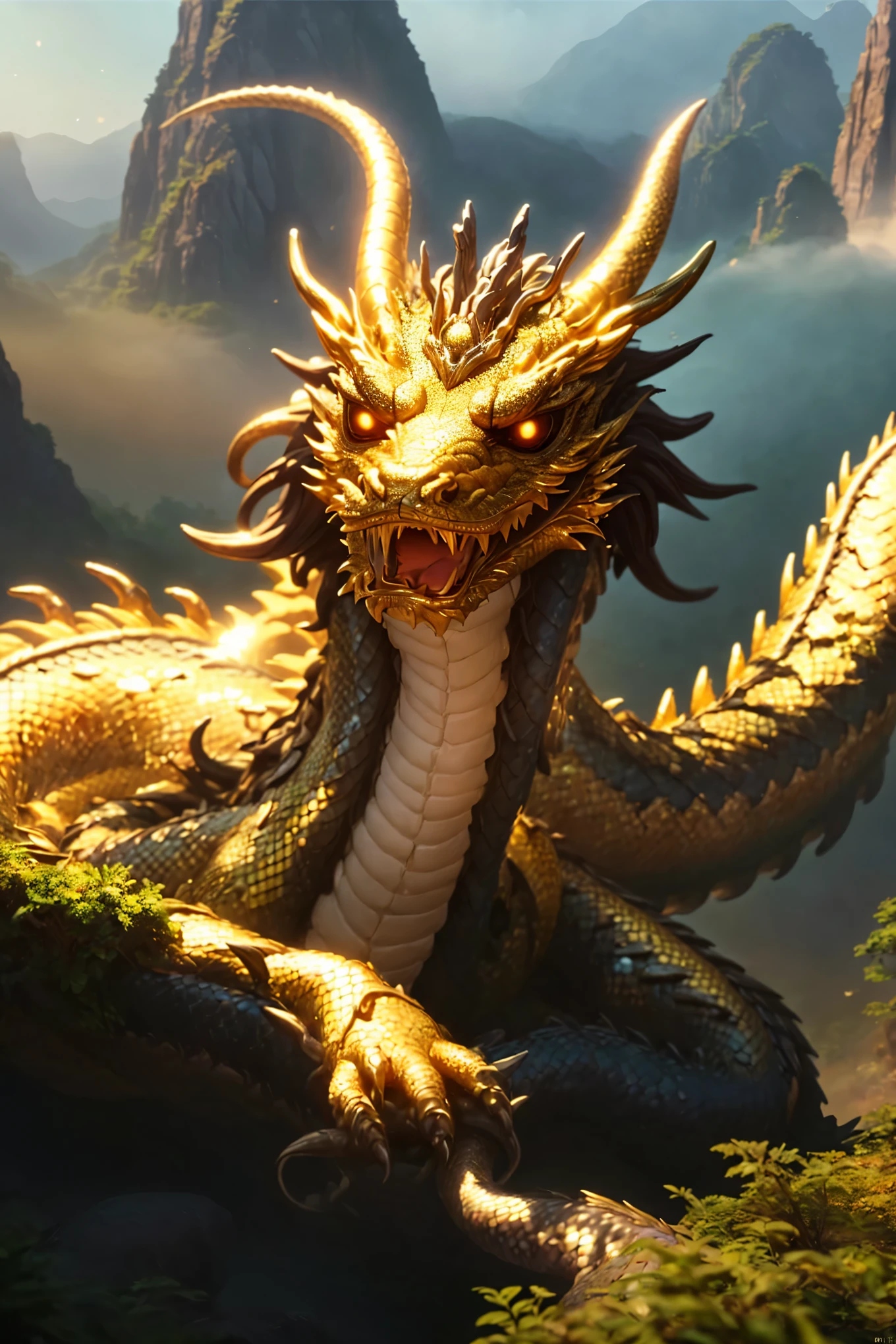 Masterpiece, high quality, high resolution, perfect quality, Realistic artwork texture, (Ethereal chndrg coiled around peaks:1.2), (dragon face), dragon eye, (comic eye:1.5), Diagonal composition, Serpentine body, (Mystical mist:1.2), Intricate details, Lush greenery, (Golden sunlight:1.3), Captivating atmosphere, Rich textures top down close-up . anime style, key visual, vibrant, professional lighting, perfect lighting, highly detailed,