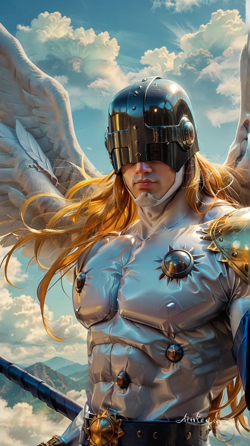 (Man in blue robes of glory, e asas Reikian in temple descending through the clouds, Young Archangel Michael Magic, beautiful blond hair, blue eyes, With angel wings, creator of the universe), (angels, armor, wings), artistic, top lighting, hyperdetailed, hyperrealistic, male figure, wrapped in a simple blue robe, 45 year old male, blue dress bathed in starlight, lights in the air, thin flowing shapes, sublime, dynamic scene, extremely high detail, extremely high resolution , vivid, composite lighting, soft shadows, nice composition, well designed, sharp focus, gorgeous, splash screen16k,