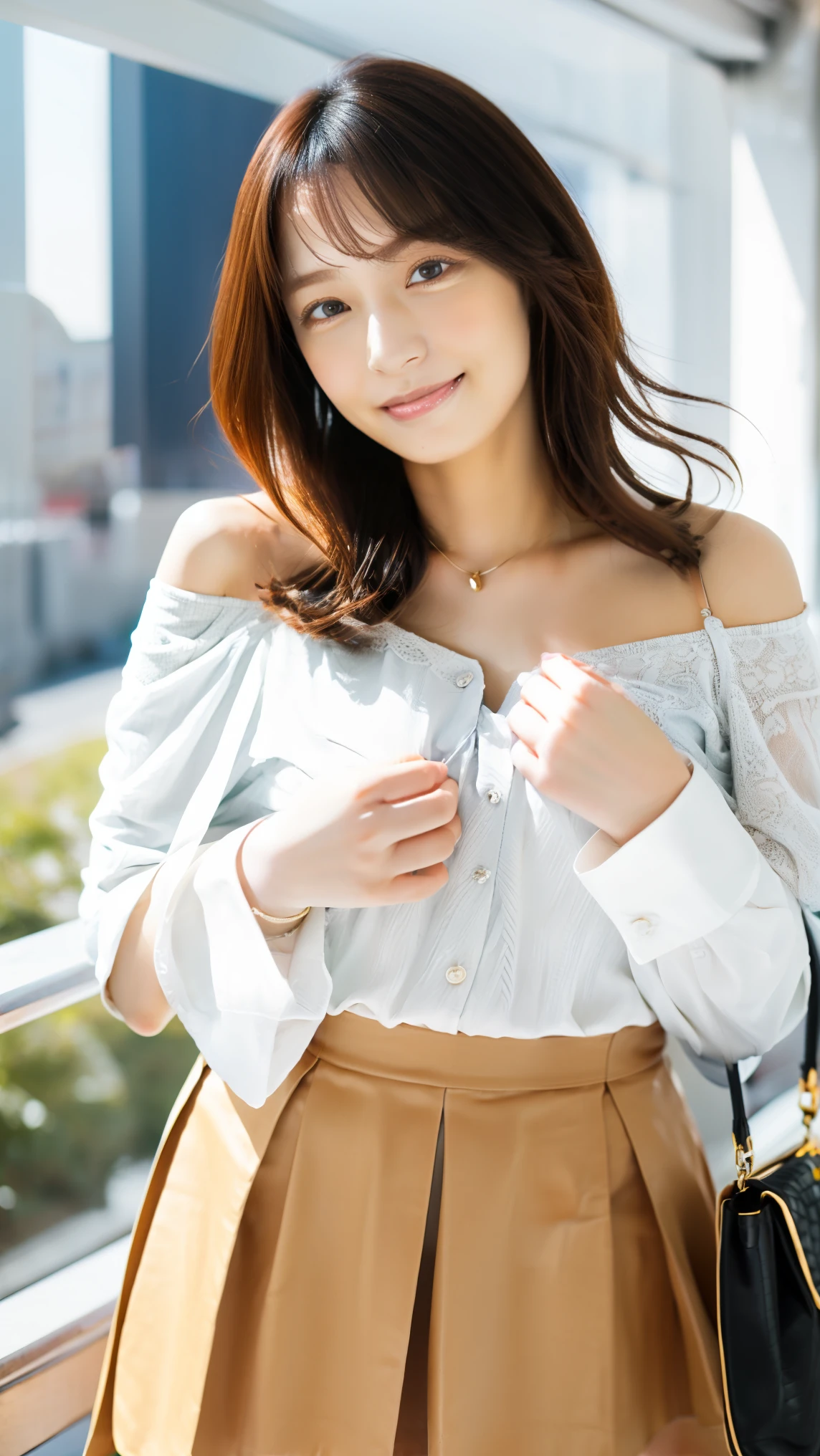 Kiss, Panchira,( female 1 person),beauty,beautiful face,smile,plump style, super real, Ultra High Resolution ,Best Quality,8k, black hair, Age 33,(very cute off-shoulder knit and skirt、), cute face、((short pleated skirt))、((Chest))