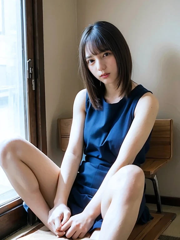 (blue cloth), (Beautiful blue skirt), (White-Panty:1.275), ,,(Professional portrait, Professional Writing) ,masterpiece,最high quality,Realistic,8k,Official Art, Ultra-high resolution, ,,,Medium Hair,(Blonde gradient hair:1.02), 8k,high quality, Super detailed, 最high quality, Very detailed, beautiful , (Professional portrait, Professional Writing) ,masterpiece,最high quality,Realistic,8k,Official Art, Ultra-high resolution,, , Vivid and cute panty, , Straight bangs, Medium Hair、Shrine maiden, , , 、(Panties shown from the front:1.2)、Brown Hair、Cheerleader、ribbon、, The background is inside a train , (Half-close your eyes:1.23), Sit with very good posture, (Low-Angle:1.26), (Focus between legs:1.24), (legs properly aligned:1.11)