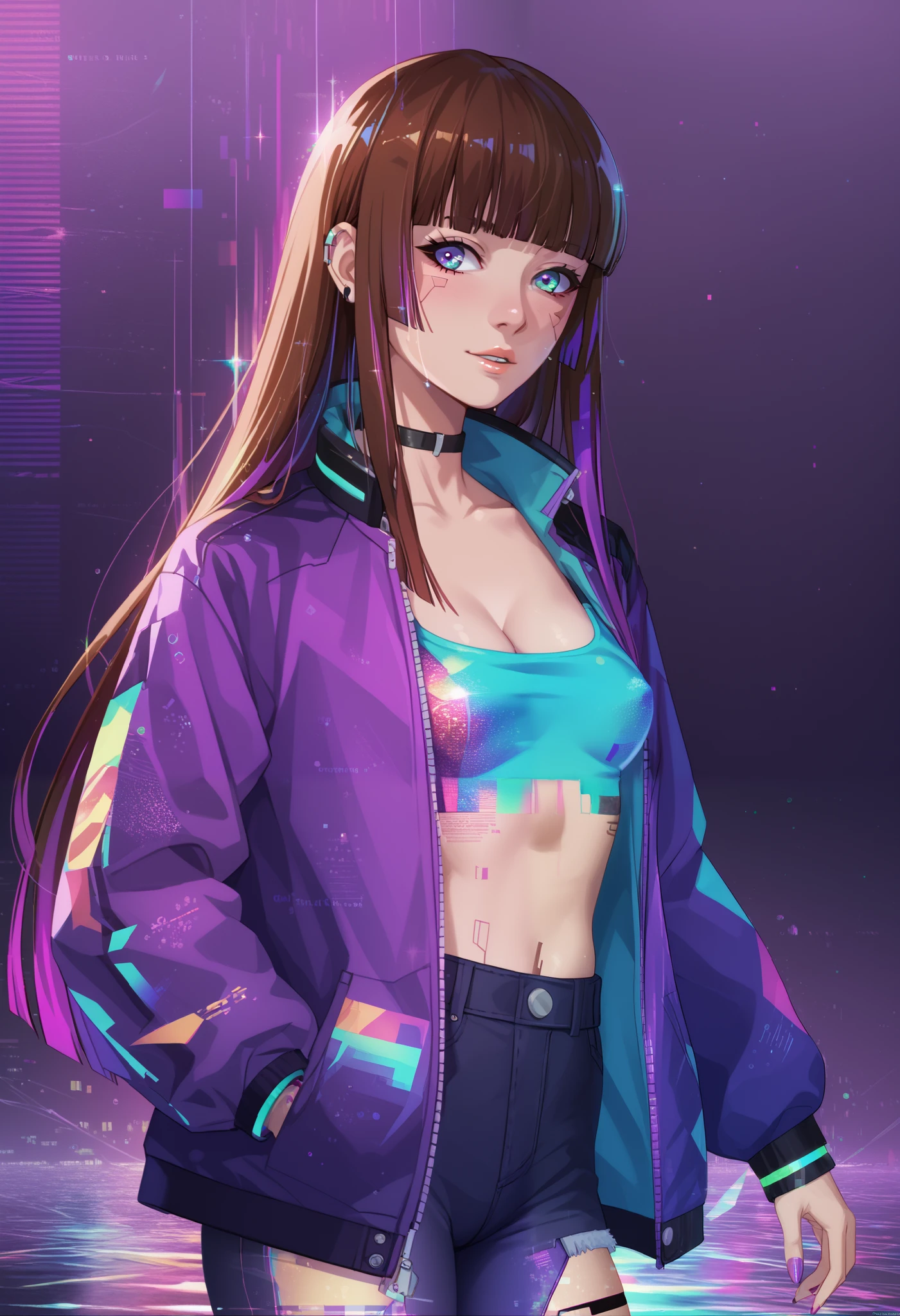 score_9, score_8_up, score_7_up, source_anime, anime style, 1girl, solo, qxys, cyberpunk, neon retrowave, cleavage, holographic skin, holofoil glitter, faint, glowing, ethereal, neon hair, glowing hair, tattoo, glitch, brown hair, multicolored hair, long hair, hime cut, hmcut, small breasts, vibrant colors, chromatic aberration, holographic color, purple hologram, cowboy shot
