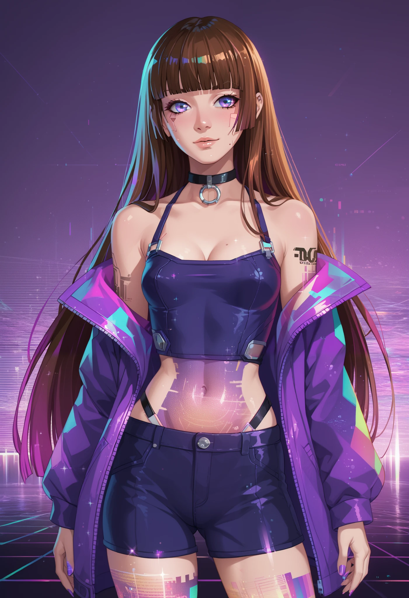 score_9, score_8_up, score_7_up, source_anime, anime style, 1girl, solo, qxys, cyberpunk, neon retrowave, cleavage, holographic skin, holofoil glitter, faint, glowing, ethereal, neon hair, glowing hair, tattoo, glitch, brown hair, multicolored hair, long hair, hime cut, hmcut, small breasts, vibrant colors, chromatic aberration, holographic color, purple hologram, cowboy shot