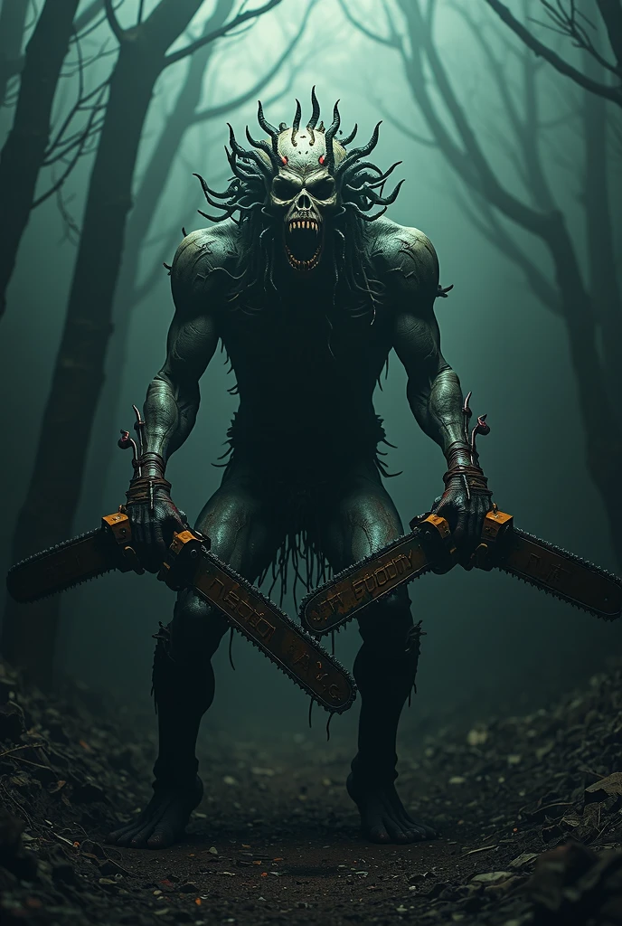 (raw photo, Best Quality) , (realist, photorealistic: 1.4), Extremely formidable general plan, masterpiece, ultra detailed, High resolution, best illustration, best shadow, complex, depth of field, great plan, horror, 1 man alone, scary, it's very skinny (lean), He has a pale chin, He has dreadlocks, His eyes are red and crazy. (crazy look) (angry air) (very bright red) (Bright red eyes), He has sharp teeth, his face is scary, Skinny and hollow, The body and face are covered with tattoos. (satanic tattoos) (satanic tattoos) (Face Tattoos), He has several scars (wounds) in your body, He wears ripped jeans down to his knees and repeats (very torn) ((torn up to the knees)), He holds two bloody (blood) knives firmly (blood runs) in both hands, he has a scary gait, He is in a forest, gloomy atmosphere, evening, evening, volumetric fog, Photorealistic 8k style, DSLR, high quality, (film grain: 1.4), Fujifilm XT3,