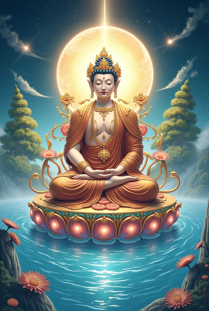 Ksitigarbha Bodhisattva,digital painting of a monk sitting on lotus flower,holding staff,glowing beads in his hand, halo around his neck,crown, mist,cloud, lotus pond <lyco:Ksitigarbha:0.8>