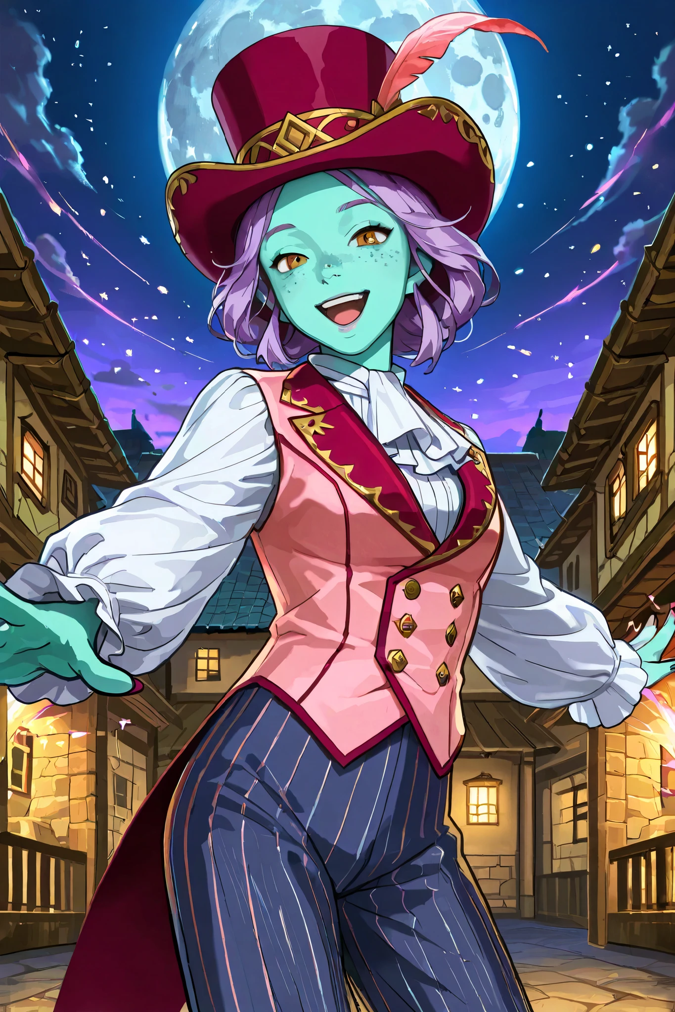 triton, solo, female, turquoise skin, lavender colored hair, freckles, (wearing a large pink silk top hat), gold eyes, (wearing a pink vest), [[a ruffled colonial cream colored shirt underneath the pink vest]], red colonial era cravat with embeded gem,  top hat fit snuggly, ((wearing violet colonial era pinstripe pants)), magicians attire, red painted fingernails, beautiful body, dazzling, graceful, smiling, joyous, open mouth, ((performing in a village square near the coast, both arms outstretched)), night scene,  colonial style buildings, full moon in sky, [[caviler era clothing, pirate era clothing]], multicolored sparks and smoke, dungeons and dragons, fantasy art, close up