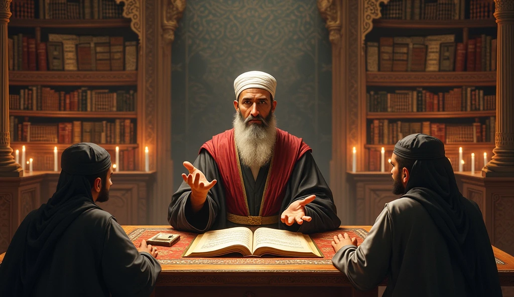 An islamic scholar teaching his lot of students on board in a library namely rizvi islamic library written on a wall