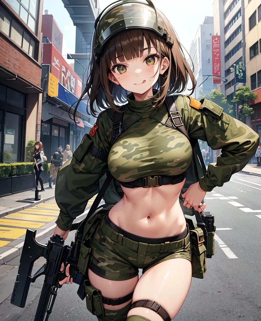 (long shot, looking away, shift character off center, draw the face precisely, cinematic perspective), (A female army infantry), (((wearing camouflage combat army uniform))), ((carrying a camouflage backpack)), ((excitement)), ((shy smile, open her mouth)), hiding a trench, (bullets fly), open her knees, (((she straddles the pole standing on the ground and presses her crotch for masturbate))), Pubic hair sticks out of panties, (in combat), (battlefield), army helmet, the ruin in the city,