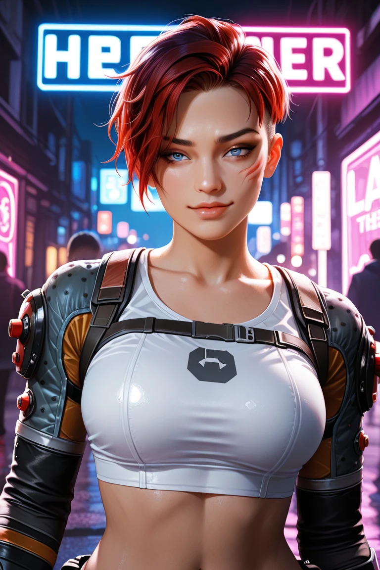 photo-realistic, surreal, cinematic lighting, 32K, 1 girl, Backlight, (bright light:1.2), (Improvement of quality:1.4), (Highest quality realistic textured skin:1.4), (Enhances the beauty of skin texture:1.3), (matte texture:1.3) , detailed eyes, detailed face, smile, close up of face, tan , (Enhances the beauty of skin texture:1.1), matte texture , blue-gray eyes , slanted eyes , (red hair:1.3) , short hair , (solo braid) , ((bangs)) toned , curvy , large breasts , pink leotard , (extremely detailed) , black-wristbands ,