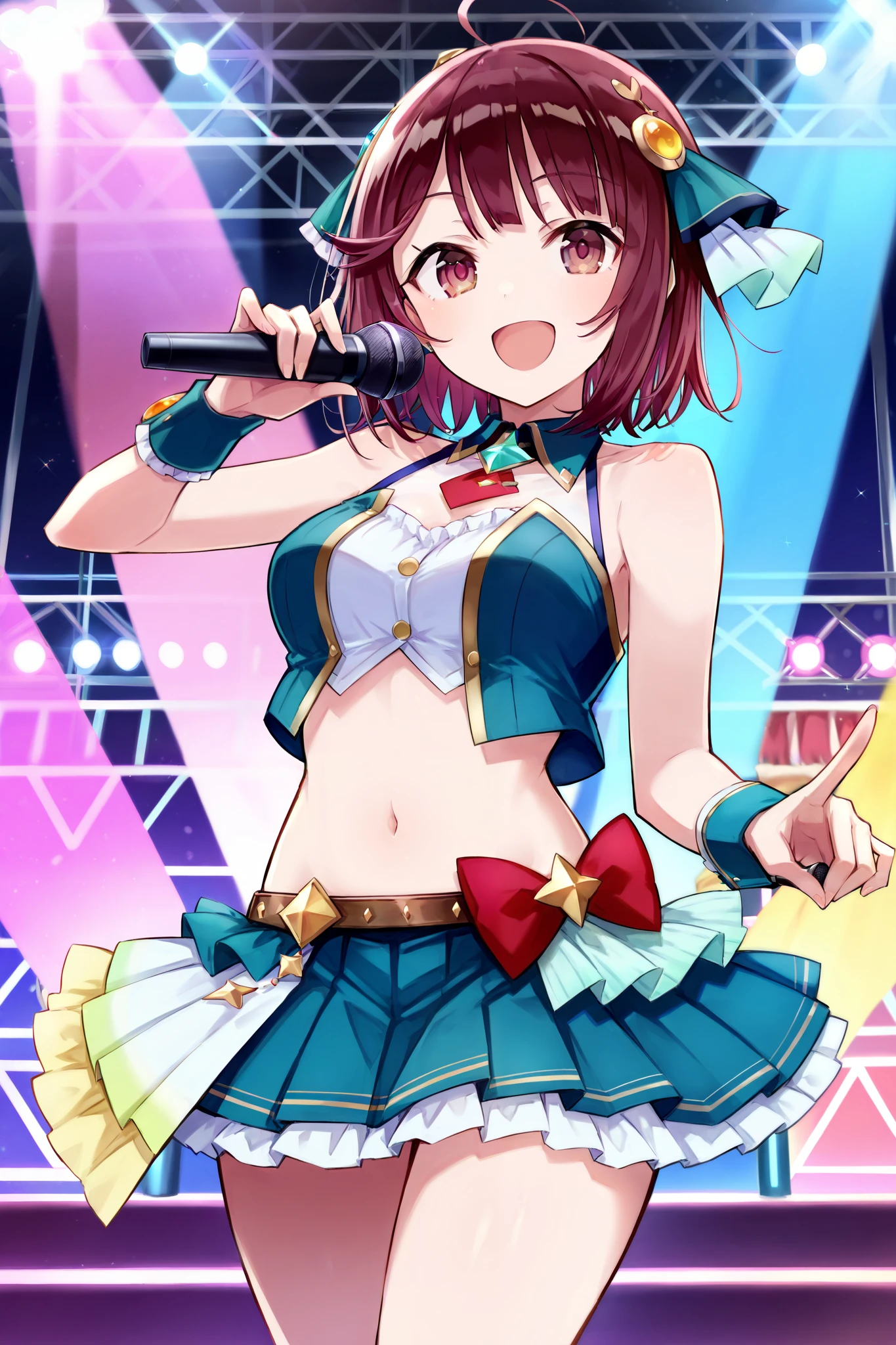 score 9, score 8 up, score 7 up, ultra-detailed, (best quality, masterpiece, ultra detailed, ultra high res, absurdres, high-resolution, highest quality, very aesthetic, textile shading), source anime, (detailed eyes), (detailed face), , (Number of fingers is 5,), (mappaninatta), (sophie neuenmuller), (atelier /(series/)), (atelier sophie),, idol clothes, alternate costume, stage, stage lights, idol, skirt, smile, navel, holding microphone, pointing, hand up,
