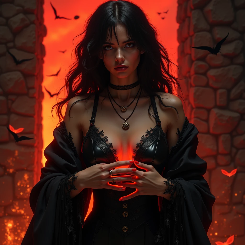 fantasy, demon monster with tentacles, holding a woman with black hair, modern room, satanic ritual, at night, realistic, magick circle