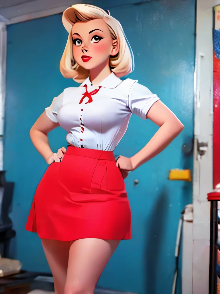 full body portrait, Francine Smith 1980s \(style\), 1 anime girl, blonde hair, retro artstyle, short curly hair, solo, red dress, pearls, unbutton_shirt, (natural_breasts:1.2), medium_breasts, cleavage, white bra showing, lace white bra, full body shot, model pose, shoes visible, ass view, face view, multiple viwes, superhero cap